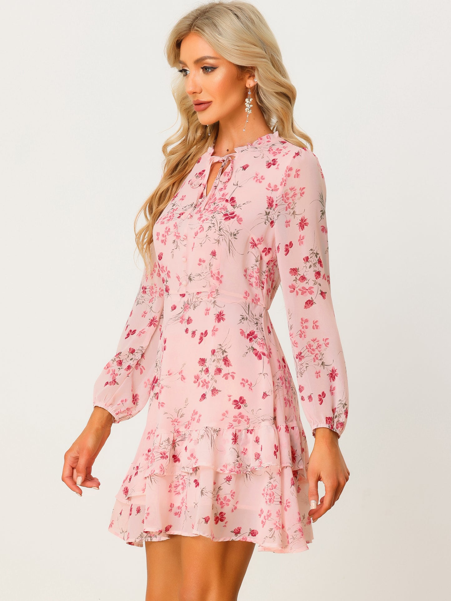 Women's Summer Dresses Floral Tie V Neck Semi Sheer Long Sleeve Layered Tiered Chiffon Mini Dress