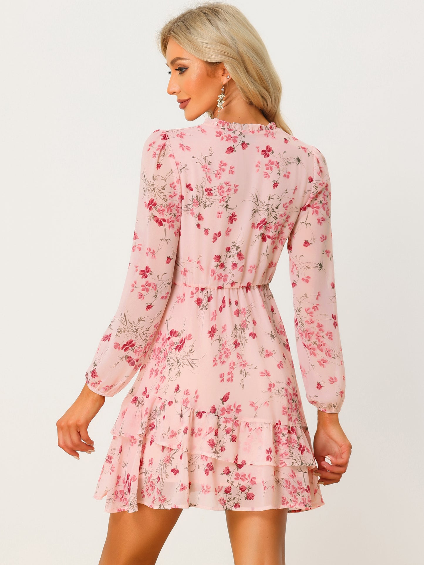 Women's Summer Dresses Floral Tie V Neck Semi Sheer Long Sleeve Layered Tiered Chiffon Mini Dress