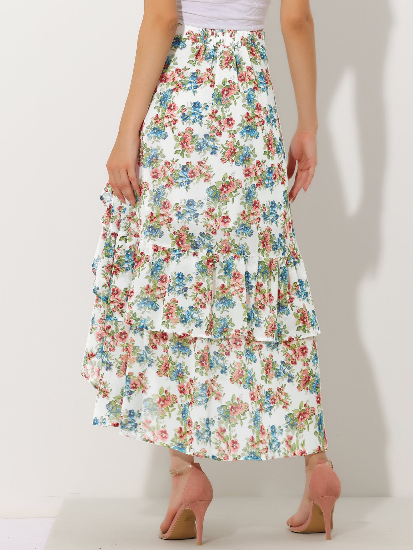 Women's Floral Ruffle Skirt Wrap Tiered Asymmetrical Chiffon Skirt