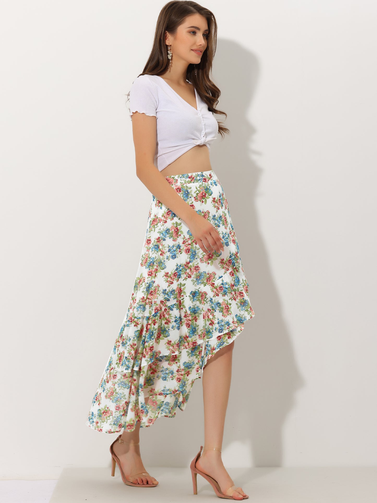 Women's Floral Ruffle Skirt Wrap Tiered Asymmetrical Chiffon Skirt
