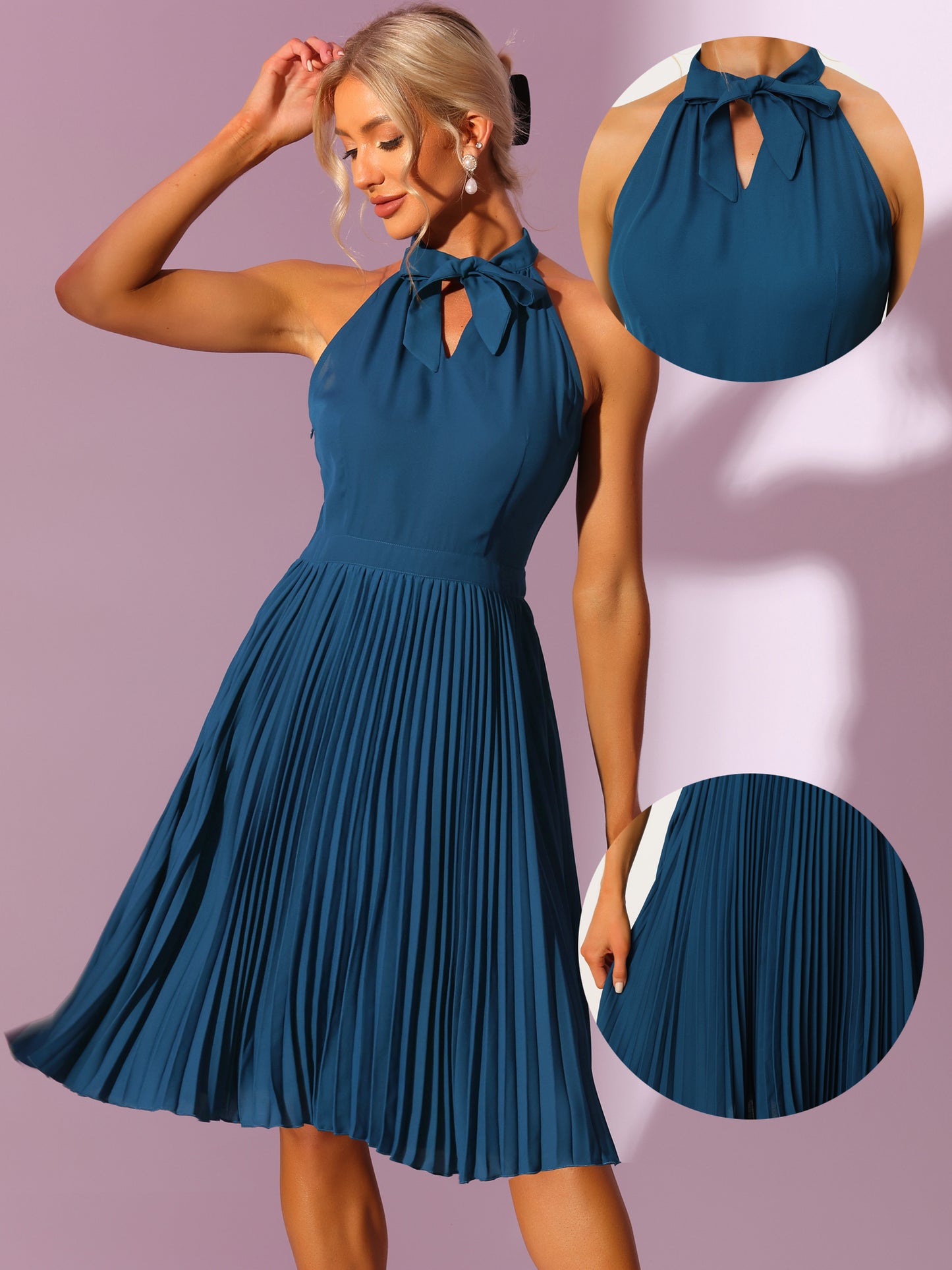 Women's Sleeveless Halter Neck Pleated Dress Summer Bow Tie Neck Party Cocktail Dresses