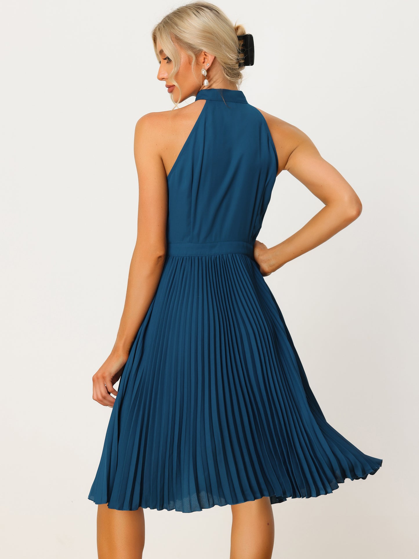 Women's Sleeveless Halter Neck Pleated Dress Summer Bow Tie Neck Party Cocktail Dresses