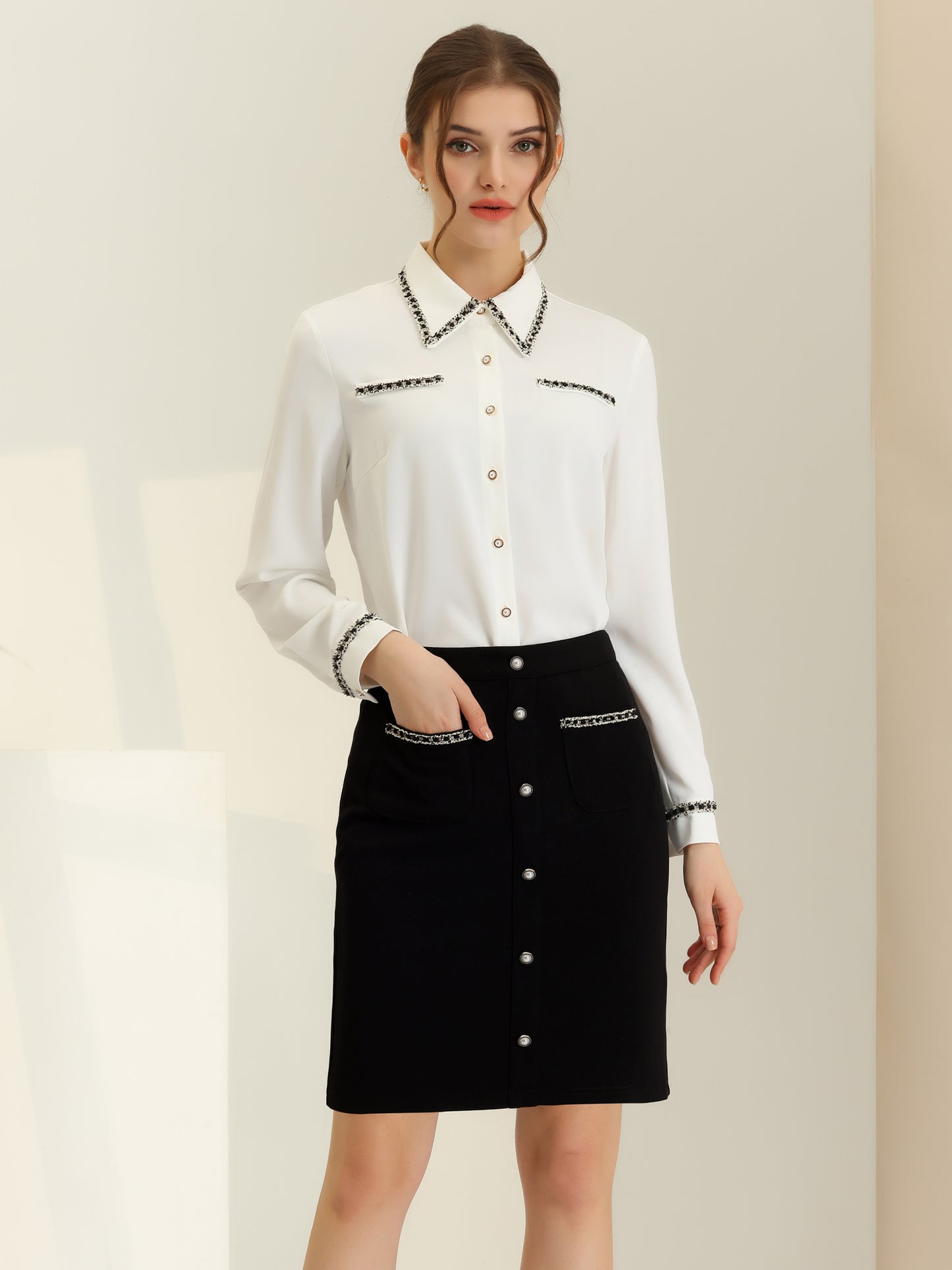 Women High Waist Elegant A-Line Short Skirts Work with Pockets