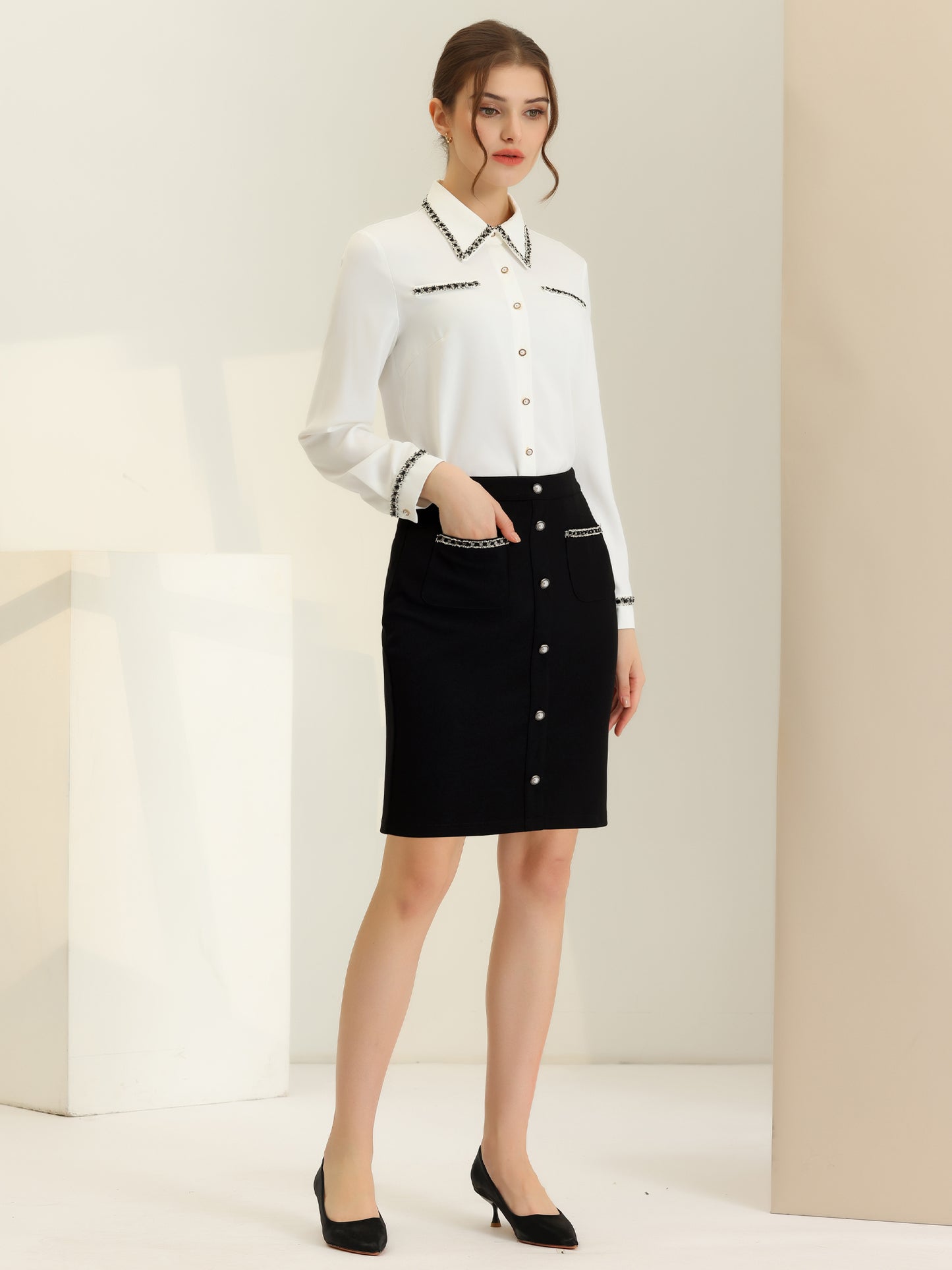 Women High Waist Elegant A-Line Short Skirts Work with Pockets