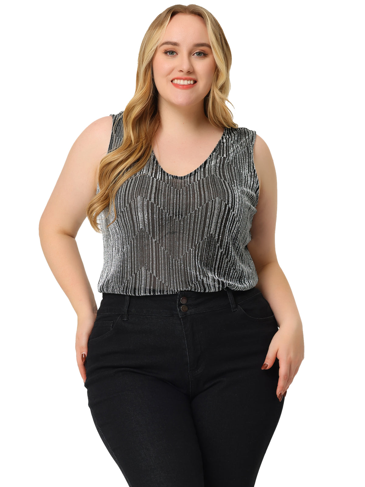 Women Plus Size Sequin Tops Sleeveless Glitter Glam Gradient Tank Vest