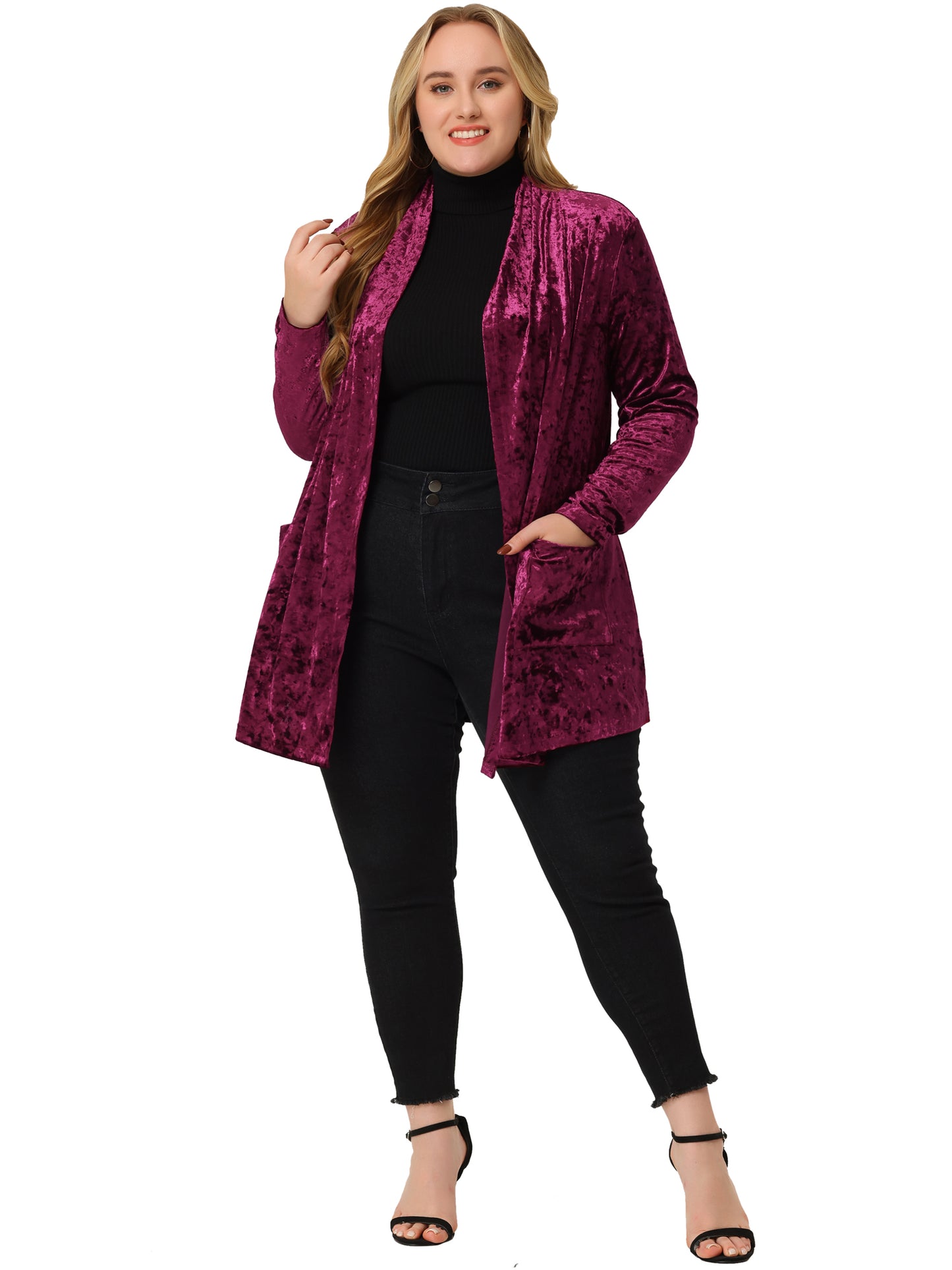 Women Plus Size Vintage Shawl Collar Open Front Crush Velvet Cardigans
