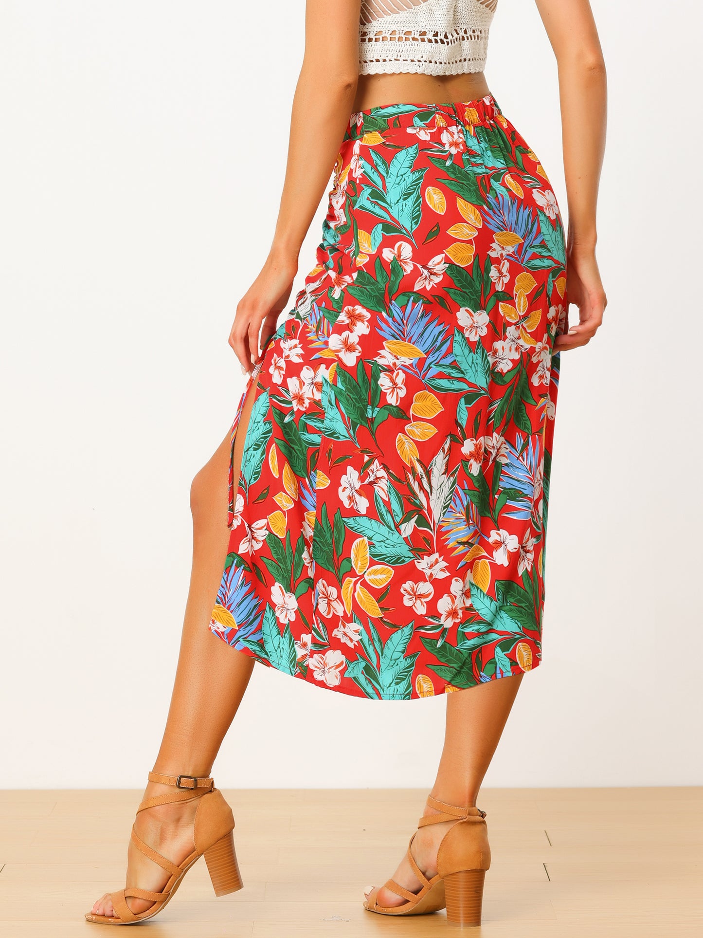 Women's Summer Beach Ruched Split Thigh Tropical Skirt