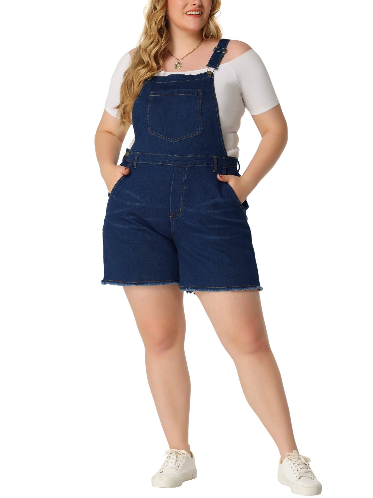 Women Plus Size Denim Overall Shorts Raw Hem Adjustable Strap Rompers with Pockets Bib Jeans Shortalls