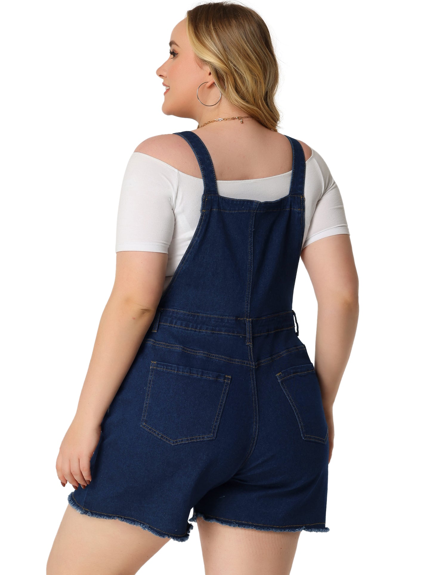 Women Plus Size Denim Overall Shorts Raw Hem Adjustable Strap Rompers with Pockets Bib Jeans Shortalls