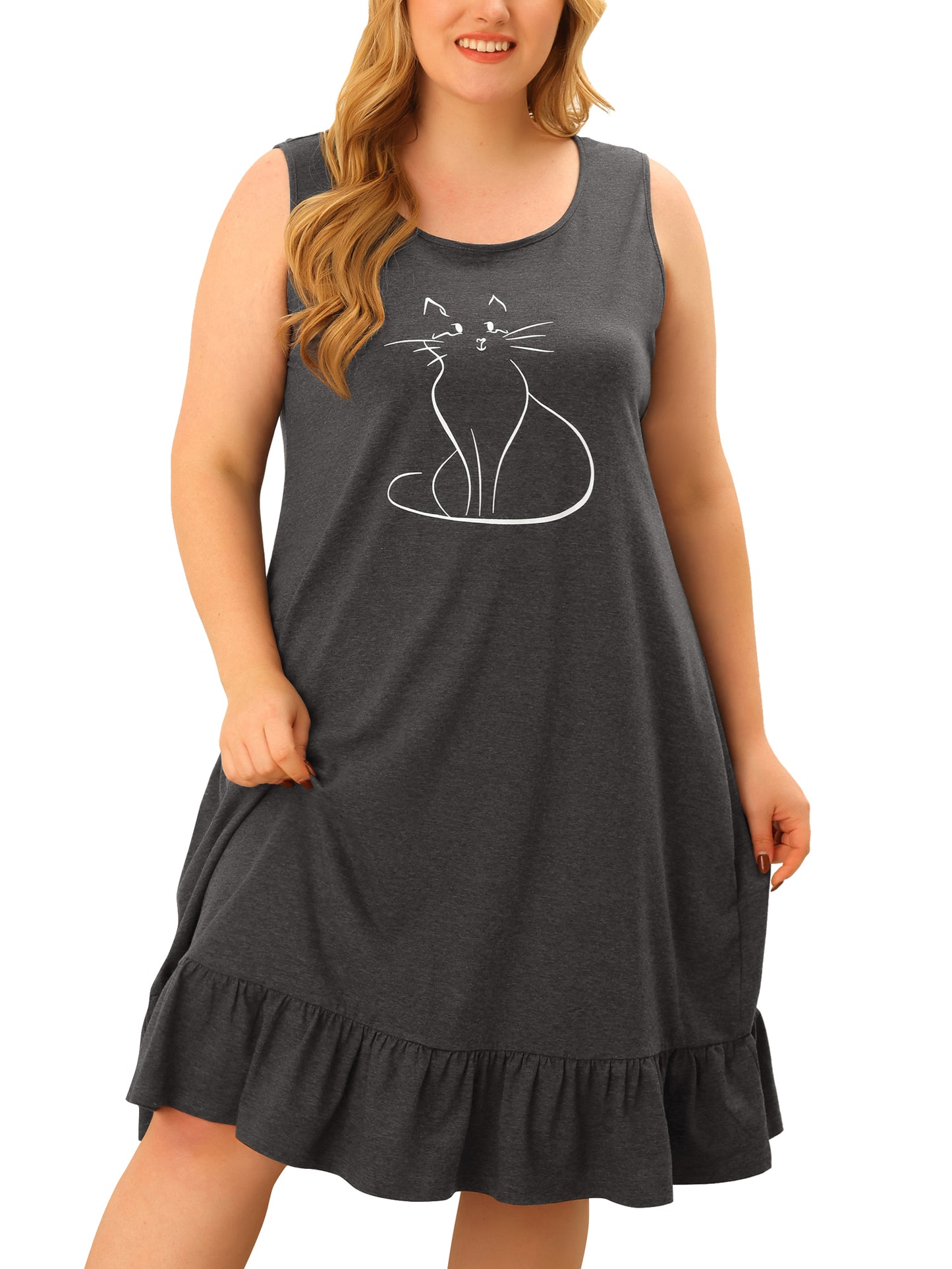 Women Plus Size Sleeveless Nightdress Cute Cat Sleepwear Pajamas Nightgown Loungewear