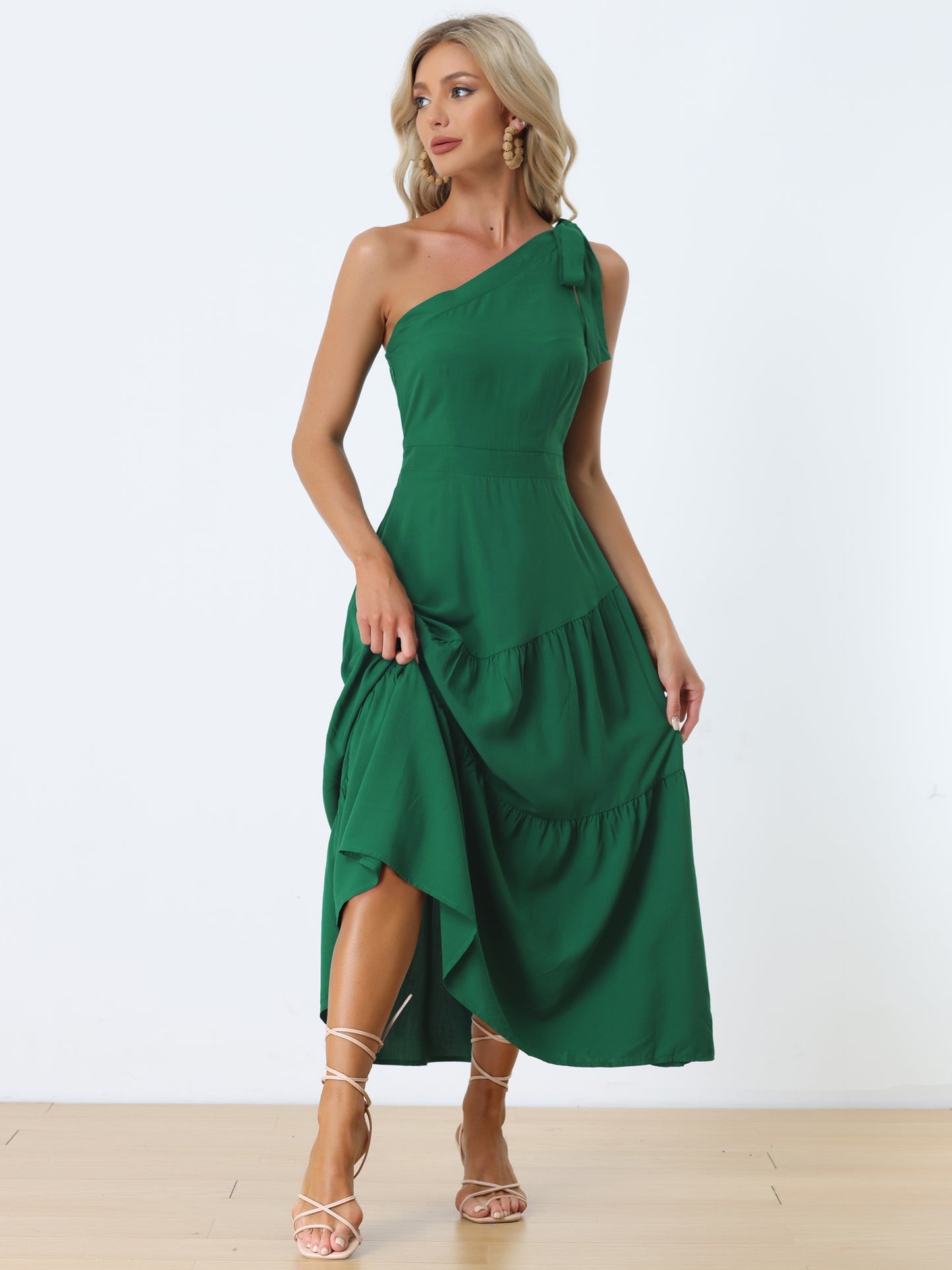 Women's One Shoulder Dress Ruched Sleeveless Elegant Long Dresses