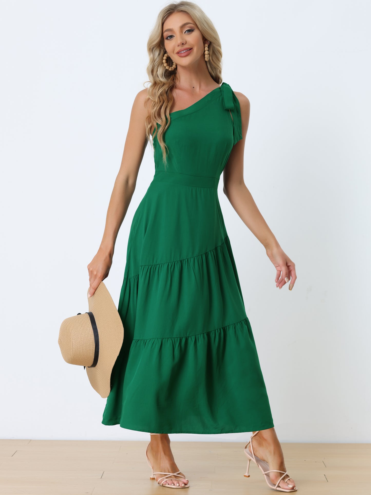 Women's One Shoulder Dress Ruched Sleeveless Elegant Long Dresses