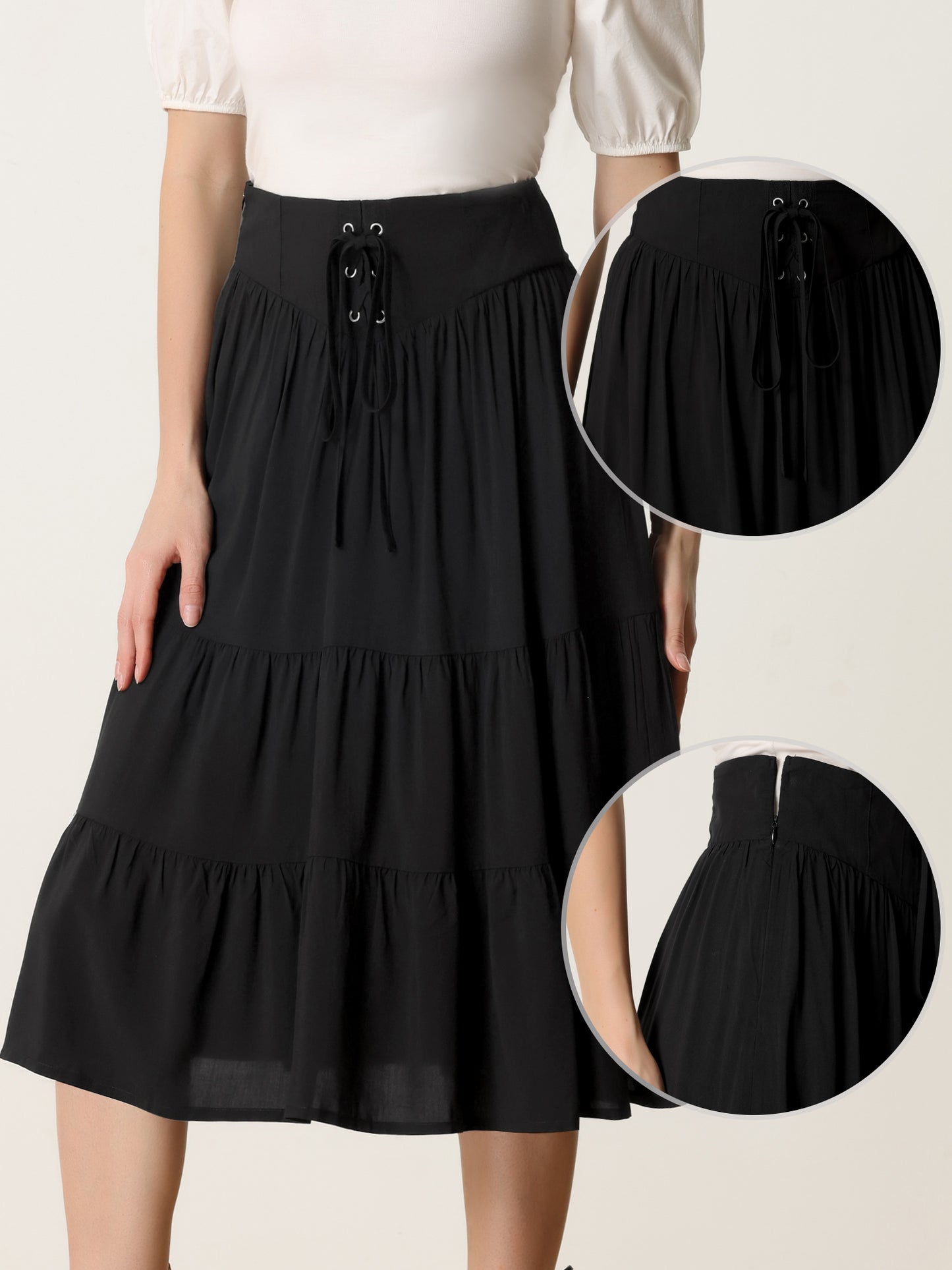 Women's Boho Midi Skirt Lace-Up Smocked Back Pleated A-Line Skirt