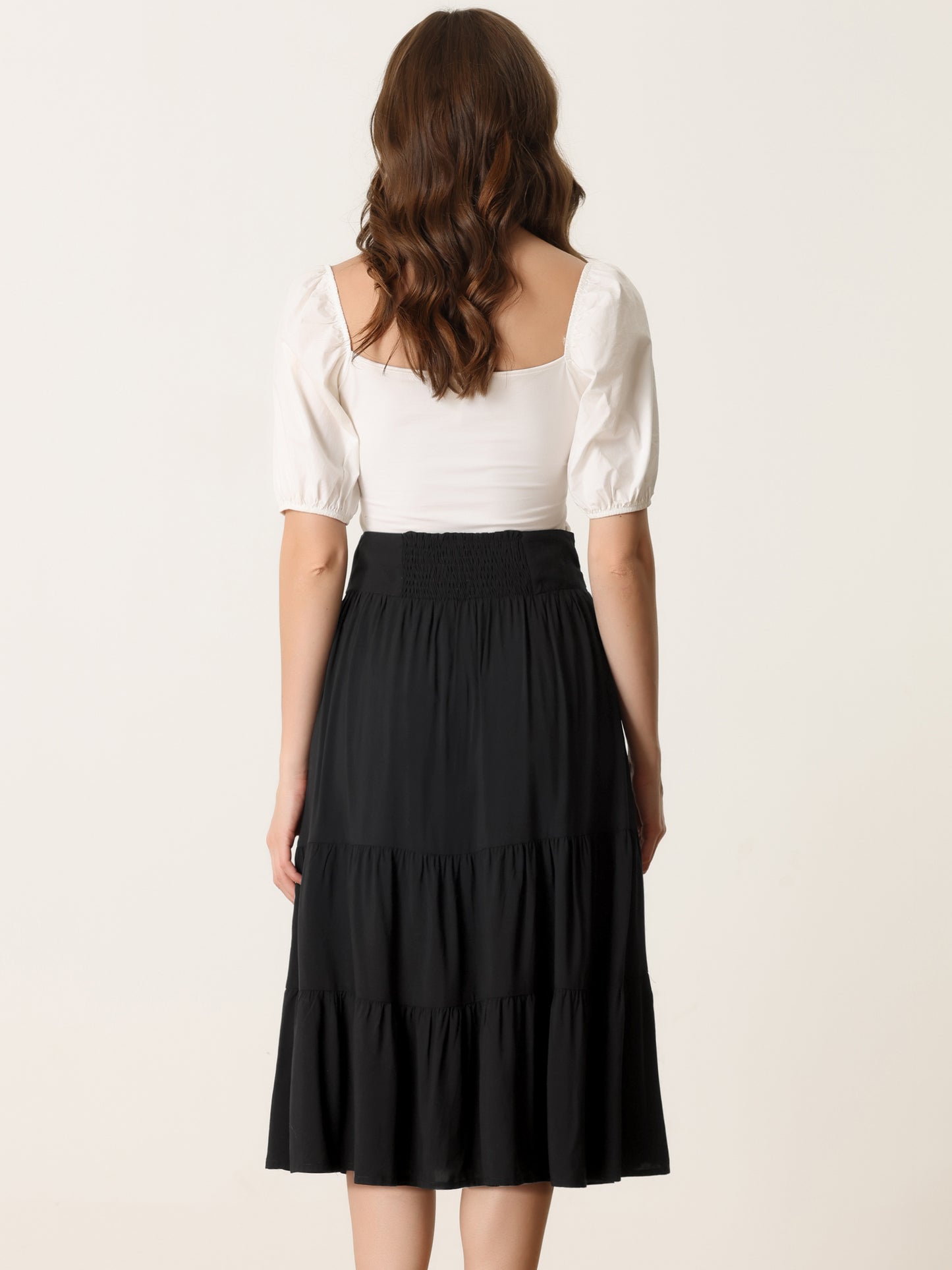 Women's Boho Midi Skirt Lace-Up Smocked Back Pleated A-Line Skirt