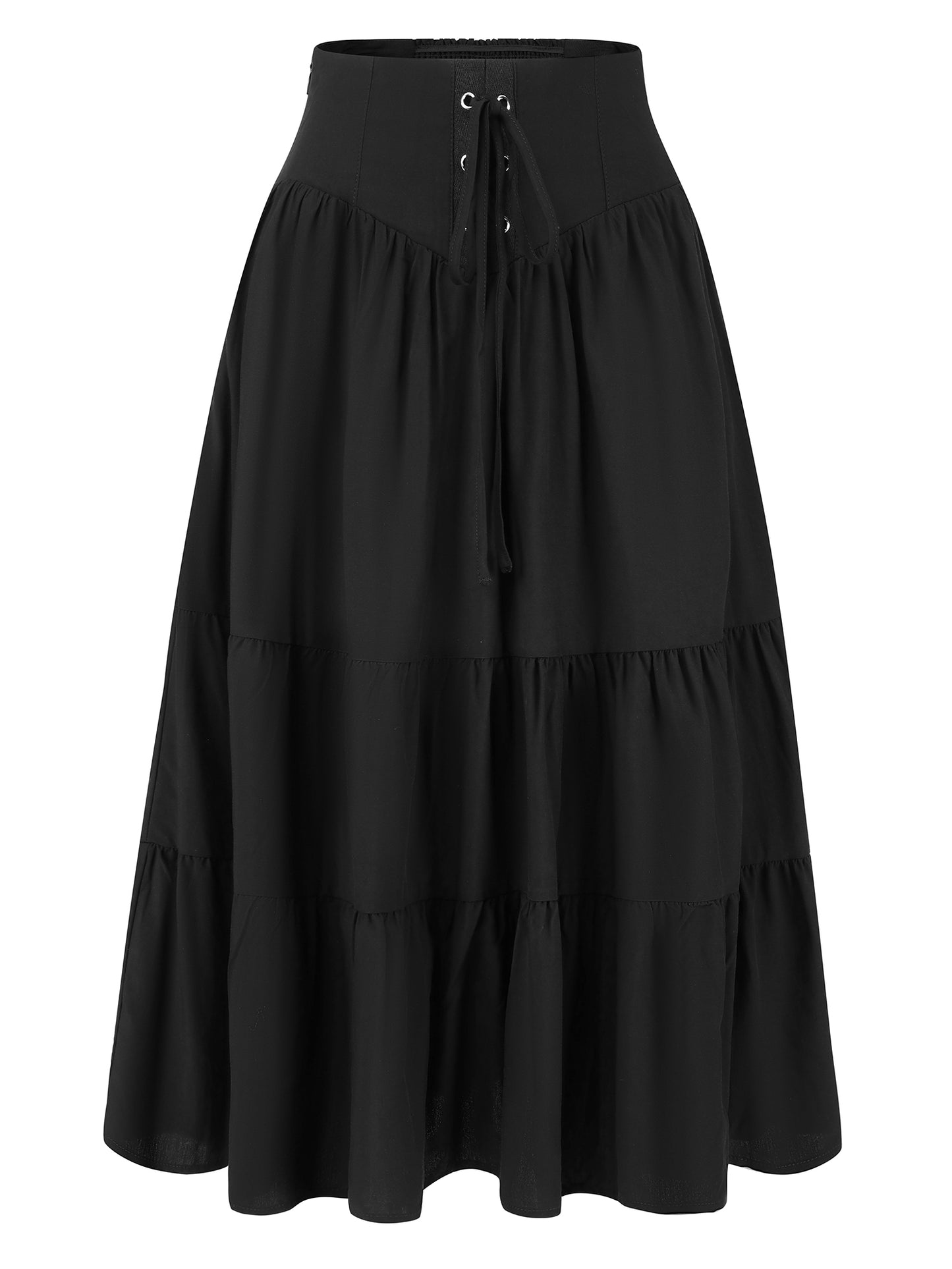 Women's Boho Midi Skirt Lace-Up Smocked Back Pleated A-Line Skirt