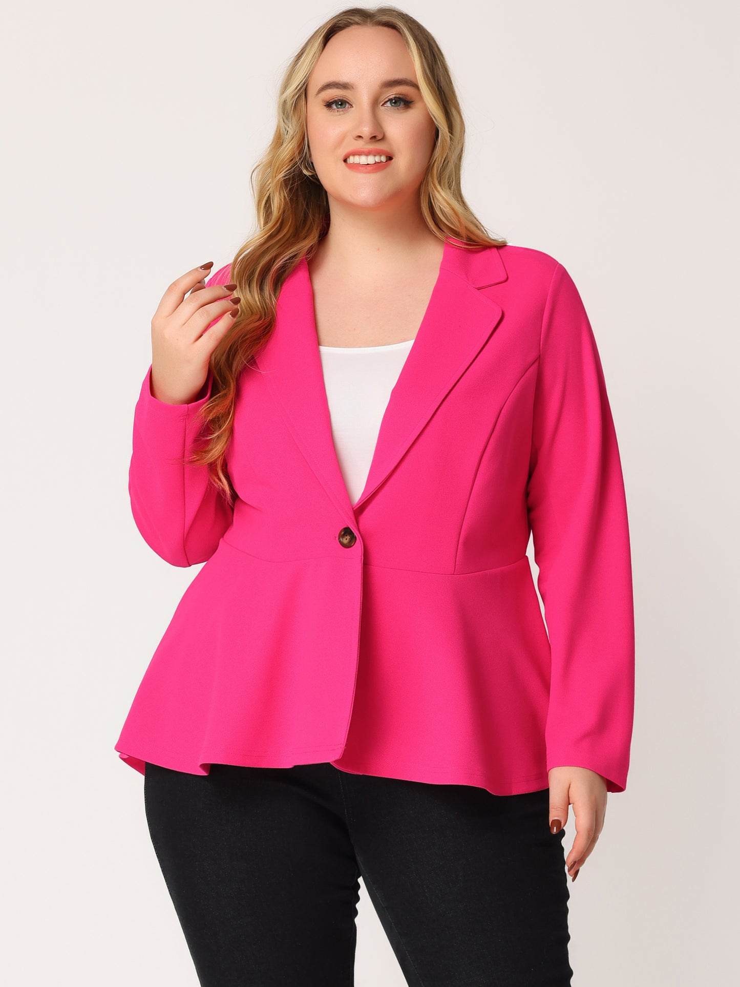 Women's Plus Size Blazer Ruffle V Neck Long Sleeve Notch Panel Button Peplum Work Office Blazers