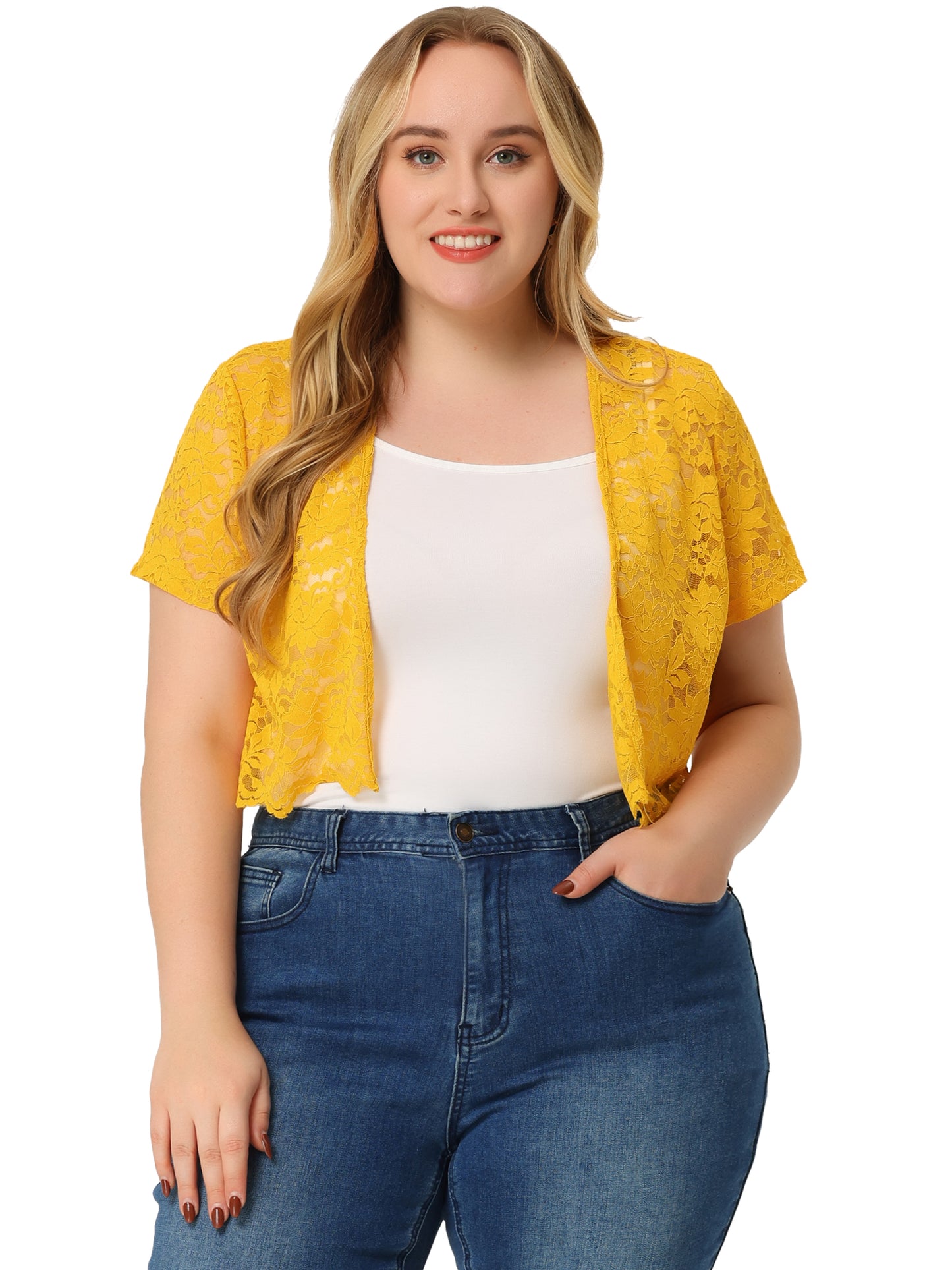 Women Plus Size Bolero Shrugs Open Front Short Sleeve Crochet Lace Cropped Cardigans