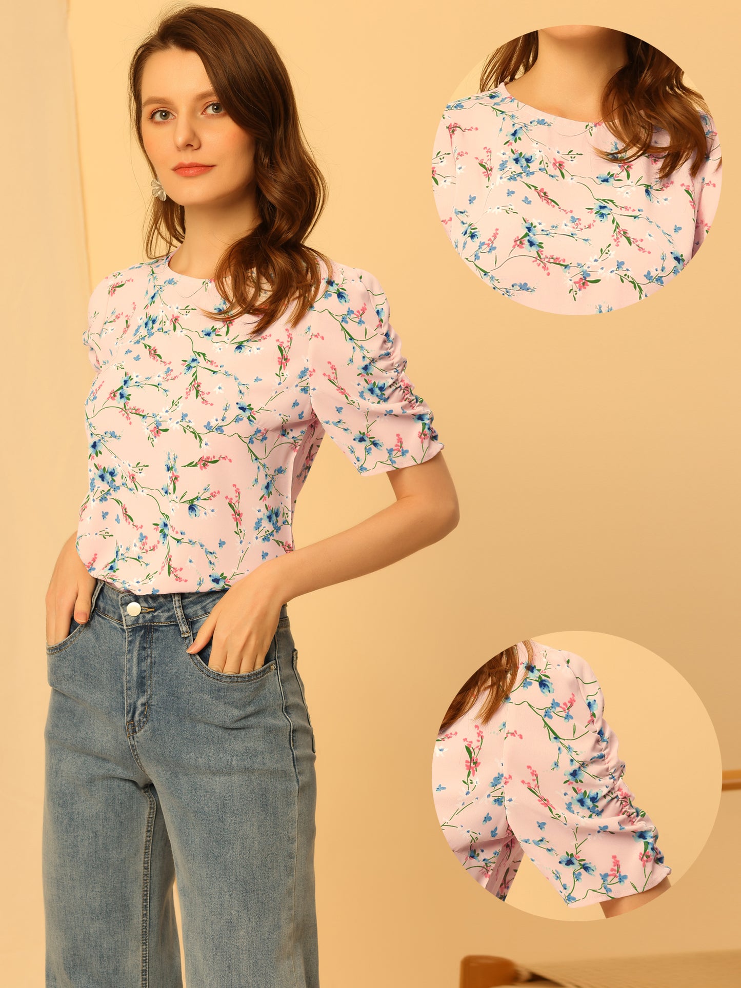 Women's Floral Crew Neck Summer Shirred Short Sleeve Blouse
