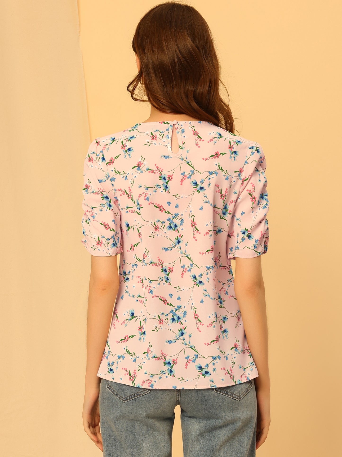 Women's Floral Crew Neck Summer Shirred Short Sleeve Blouse