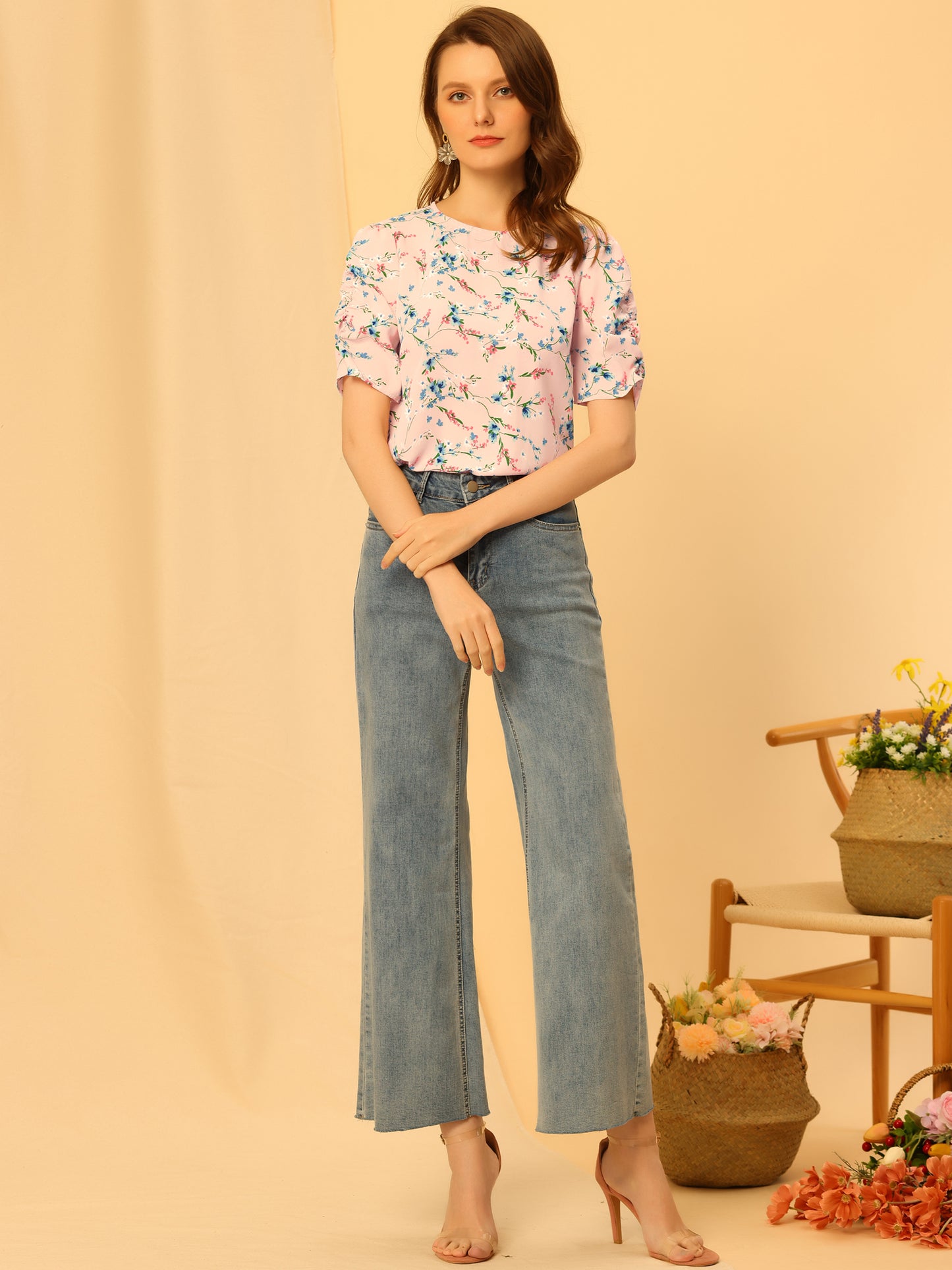 Women's Floral Crew Neck Summer Shirred Short Sleeve Blouse