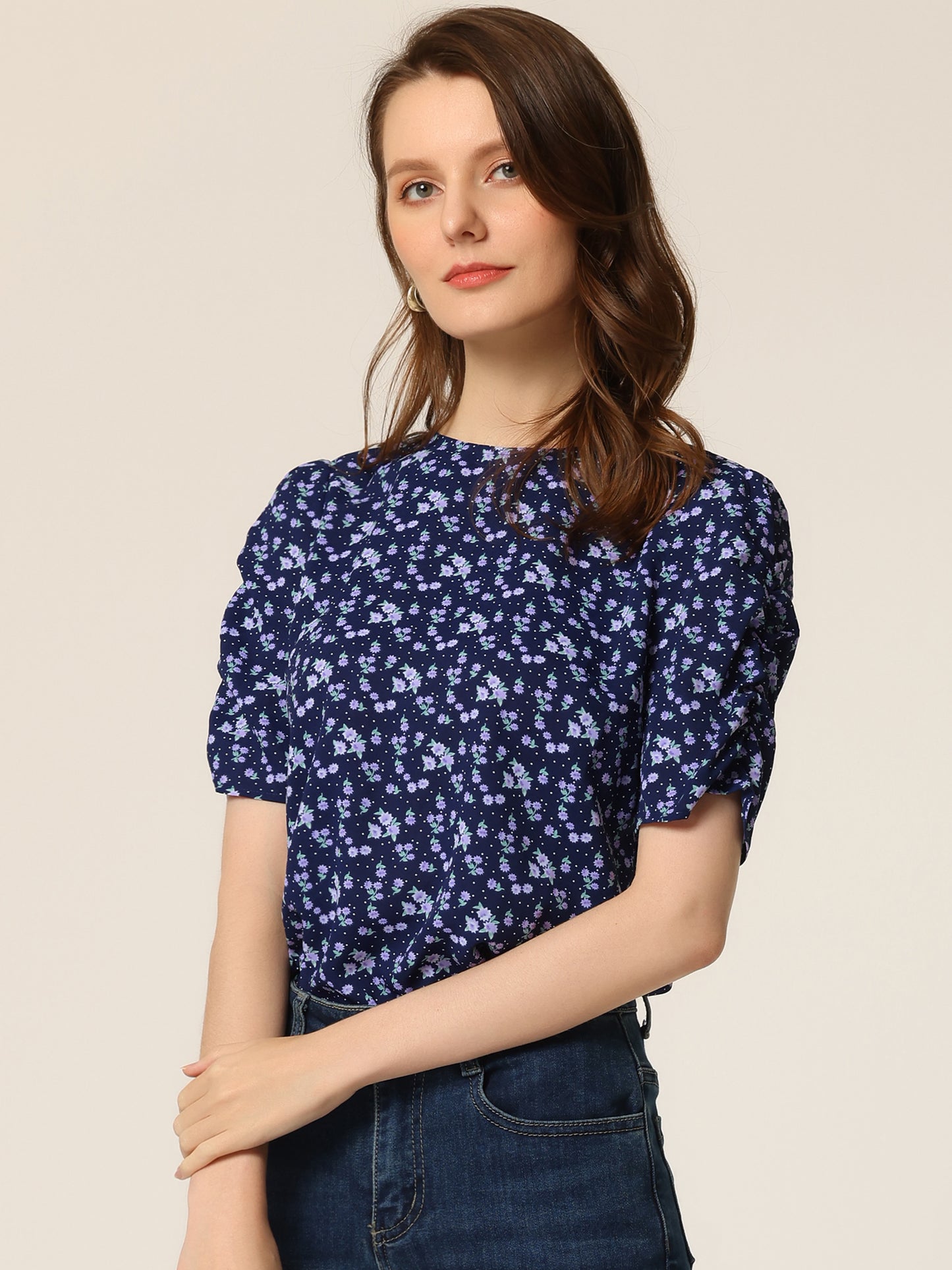 Women's Floral Crew Neck Summer Shirred Short Sleeve Blouse