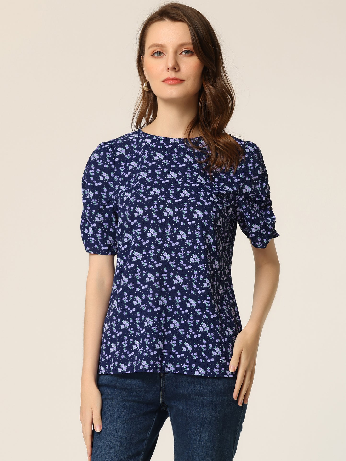 Women's Floral Crew Neck Summer Shirred Short Sleeve Blouse