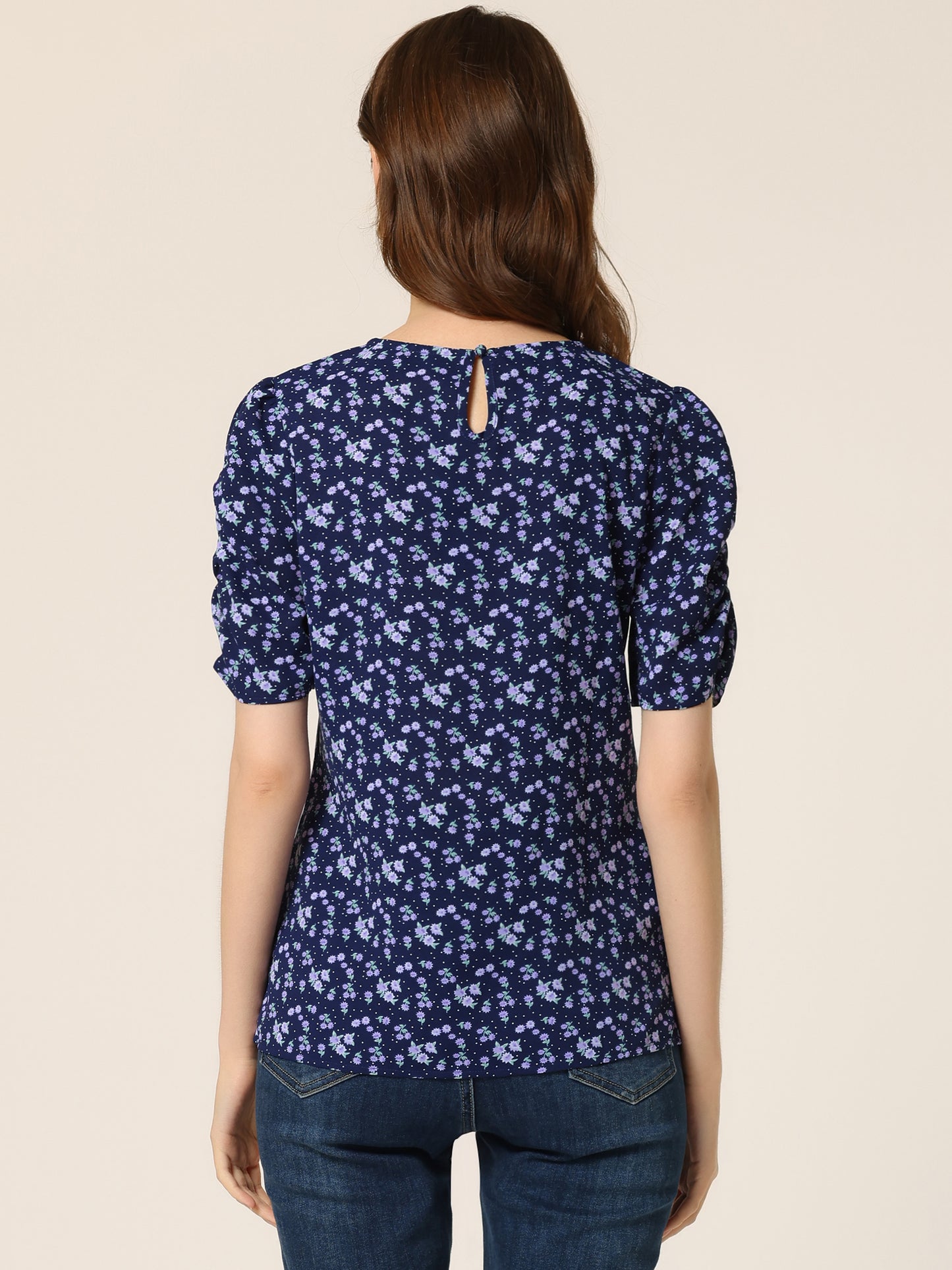 Women's Floral Crew Neck Summer Shirred Short Sleeve Blouse
