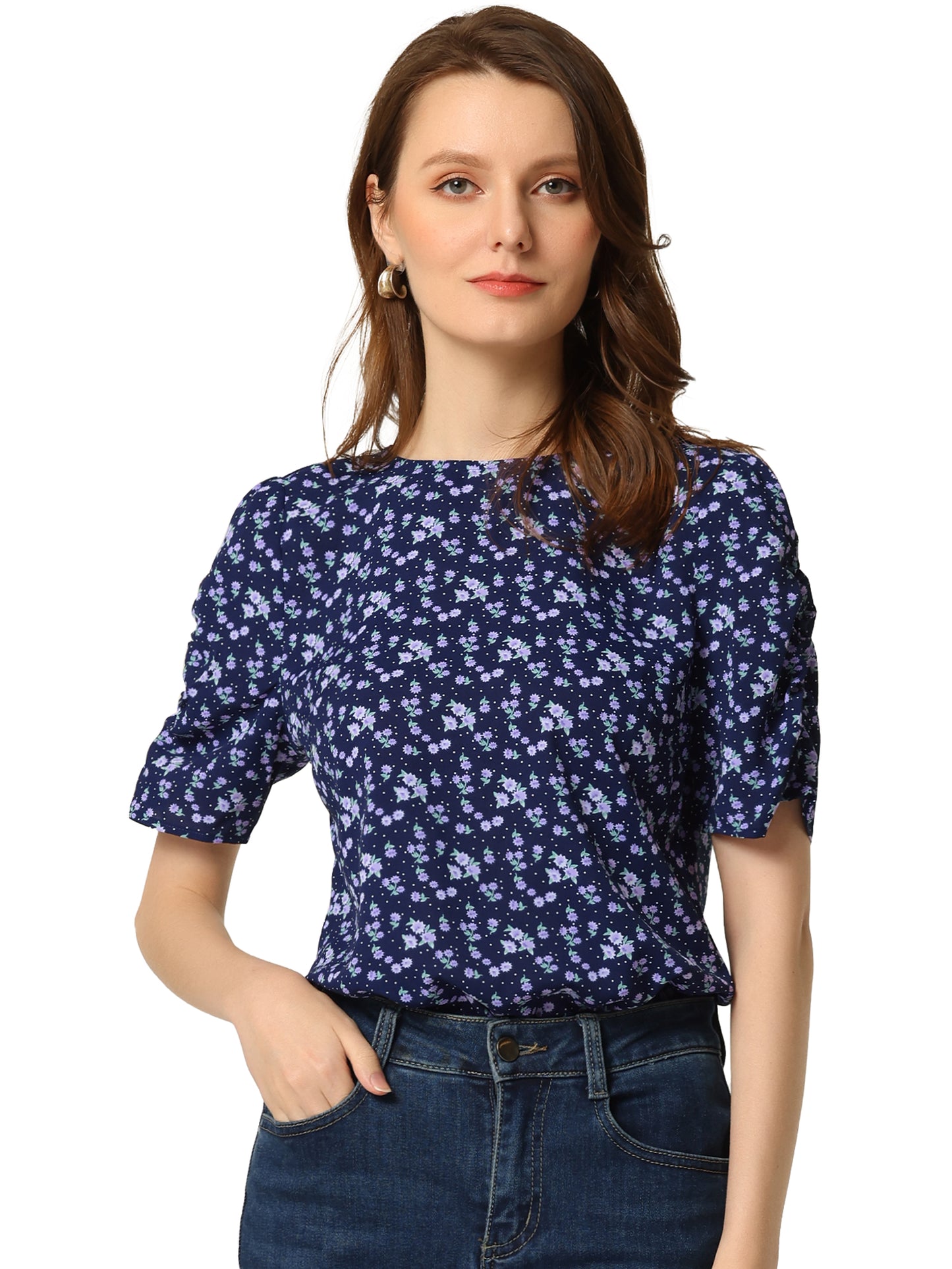 Women's Floral Crew Neck Summer Shirred Short Sleeve Blouse