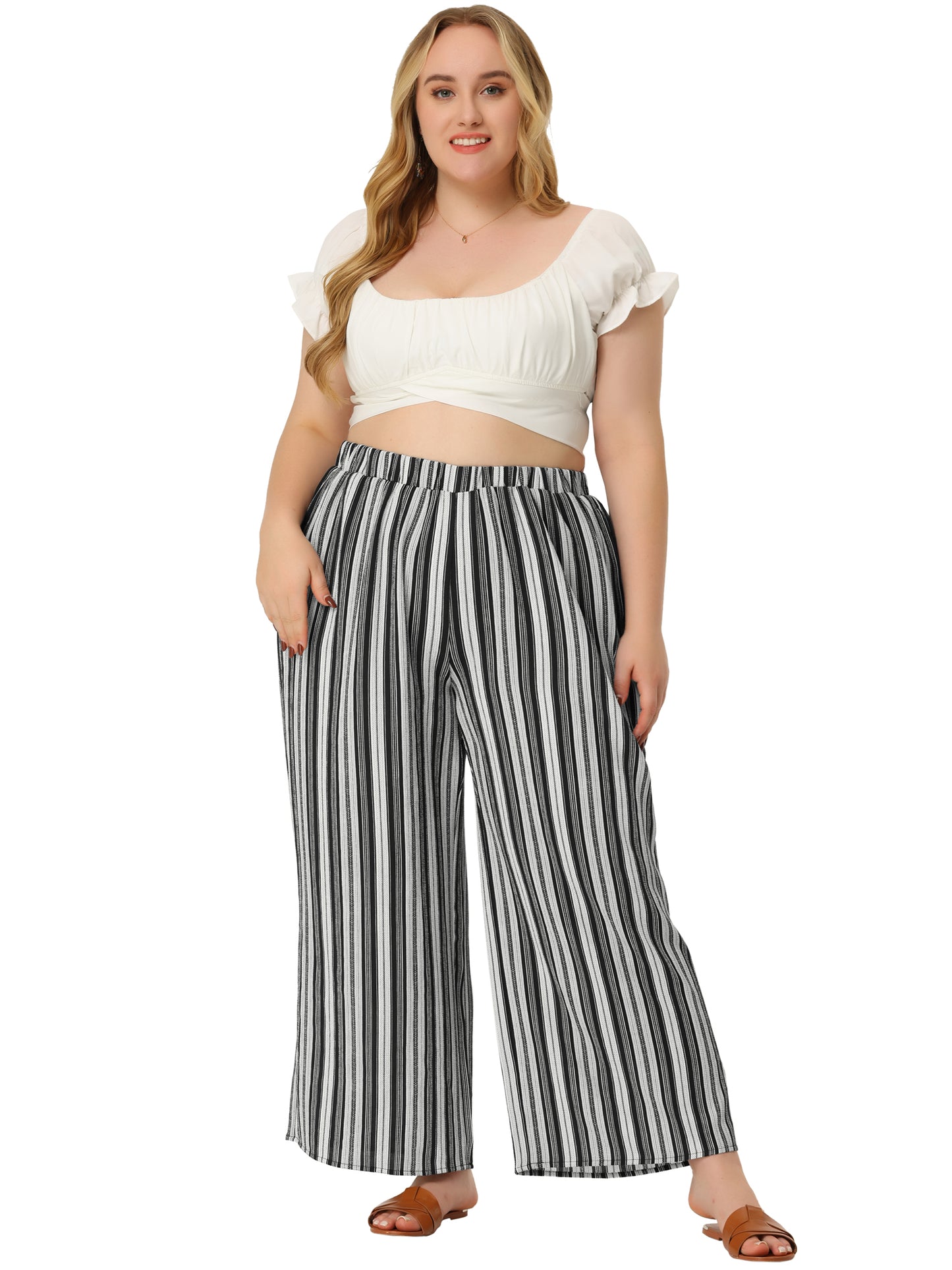 Women Plus Size Palazzo Pants Stripe Boho Wide Leg Paper Bag Pants Beach Casual Summer