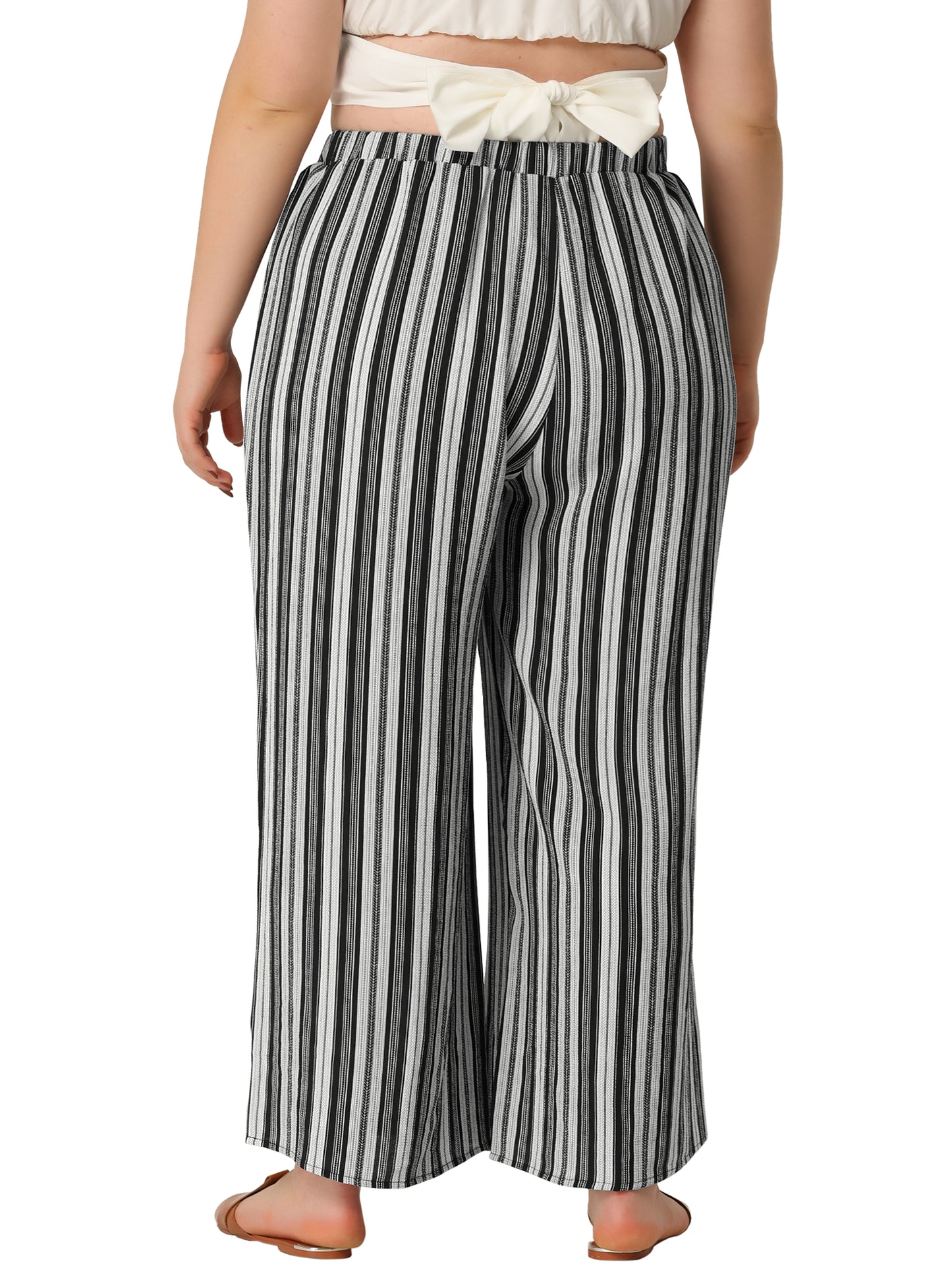 Women Plus Size Palazzo Pants Stripe Boho Wide Leg Paper Bag Pants Beach Casual Summer