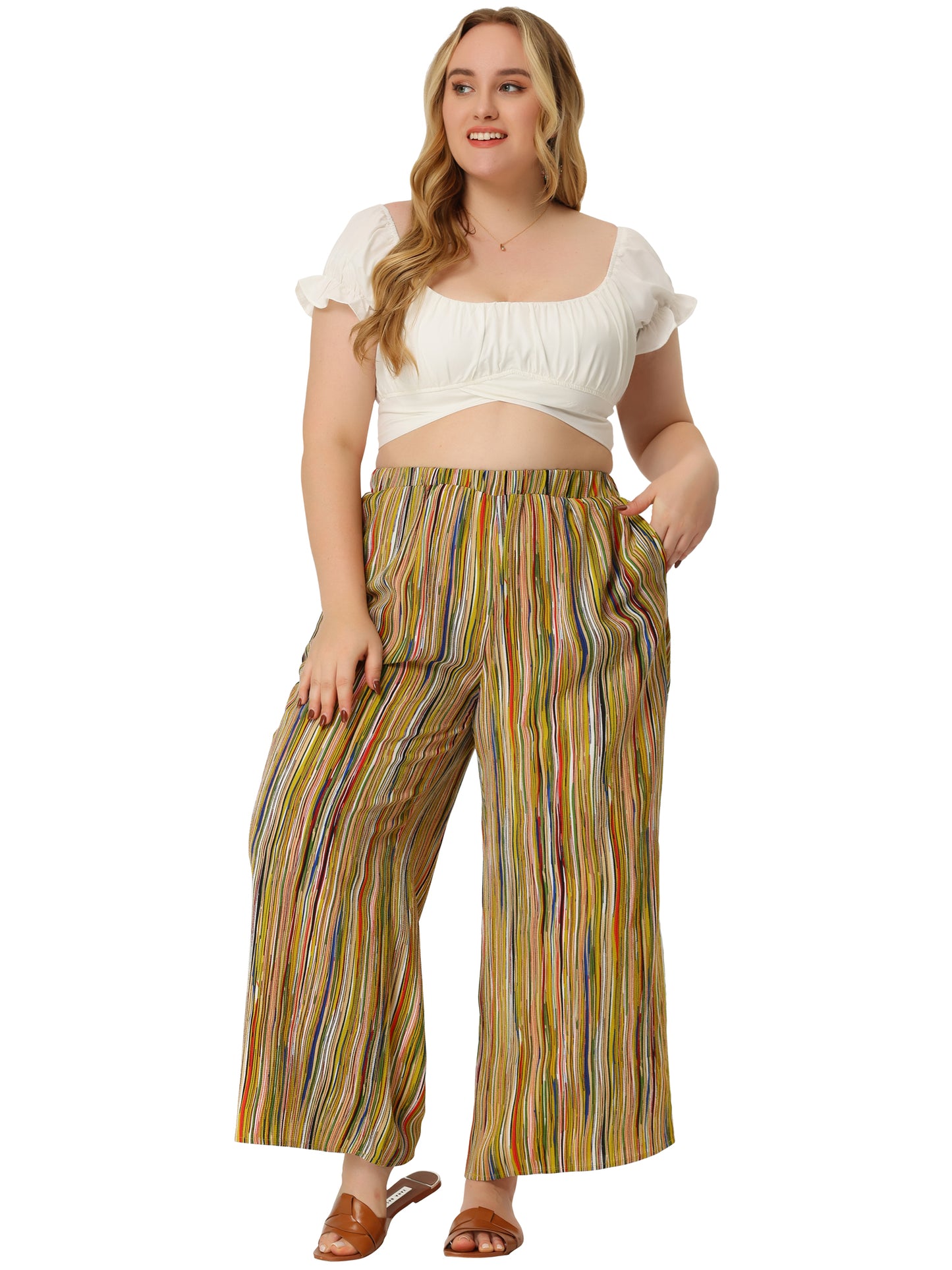 Women Plus Size Palazzo Pants Stripe Boho Wide Leg Paper Bag Pants Beach Casual Summer