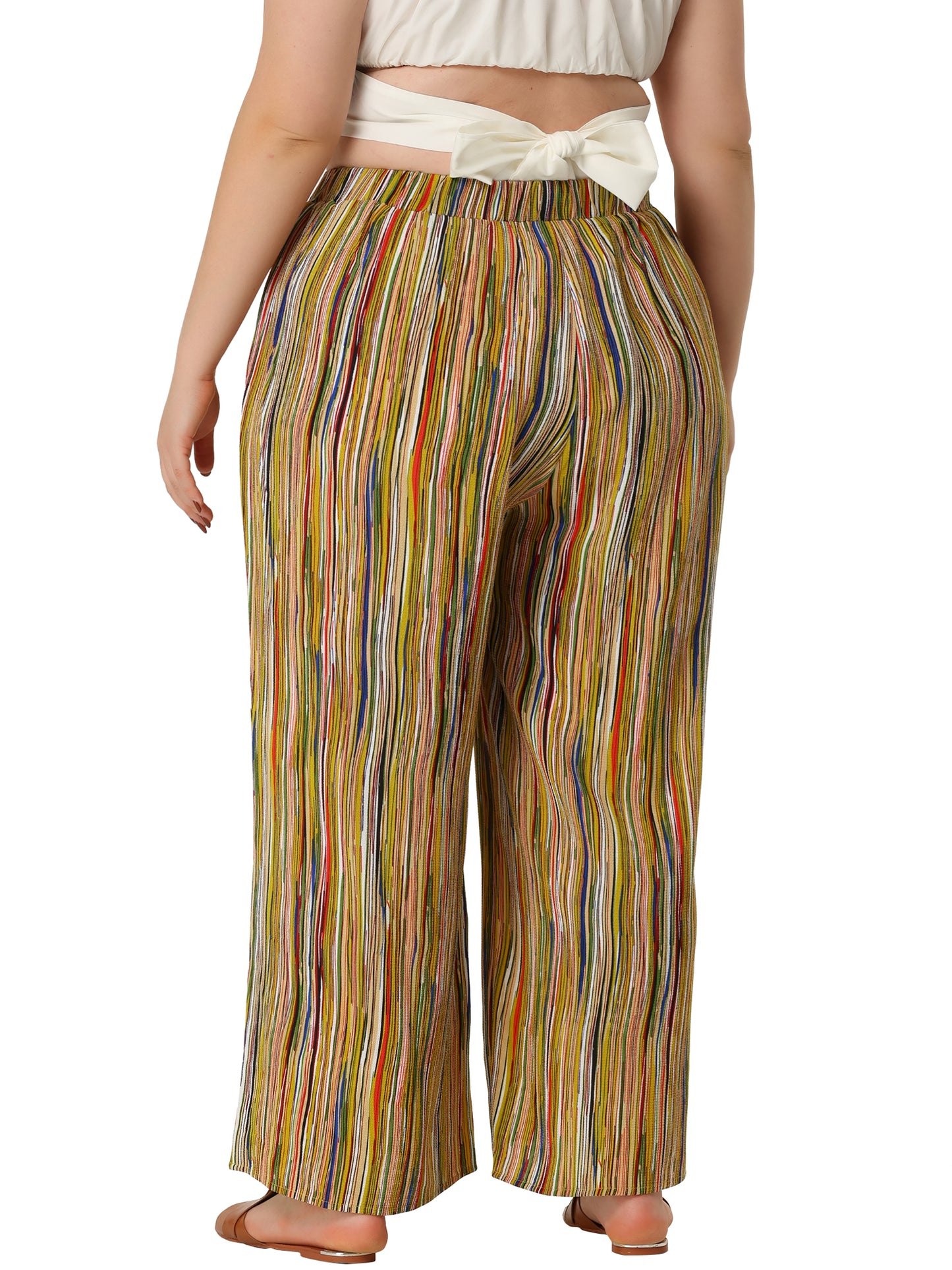 Women Plus Size Palazzo Pants Stripe Boho Wide Leg Paper Bag Pants Beach Casual Summer