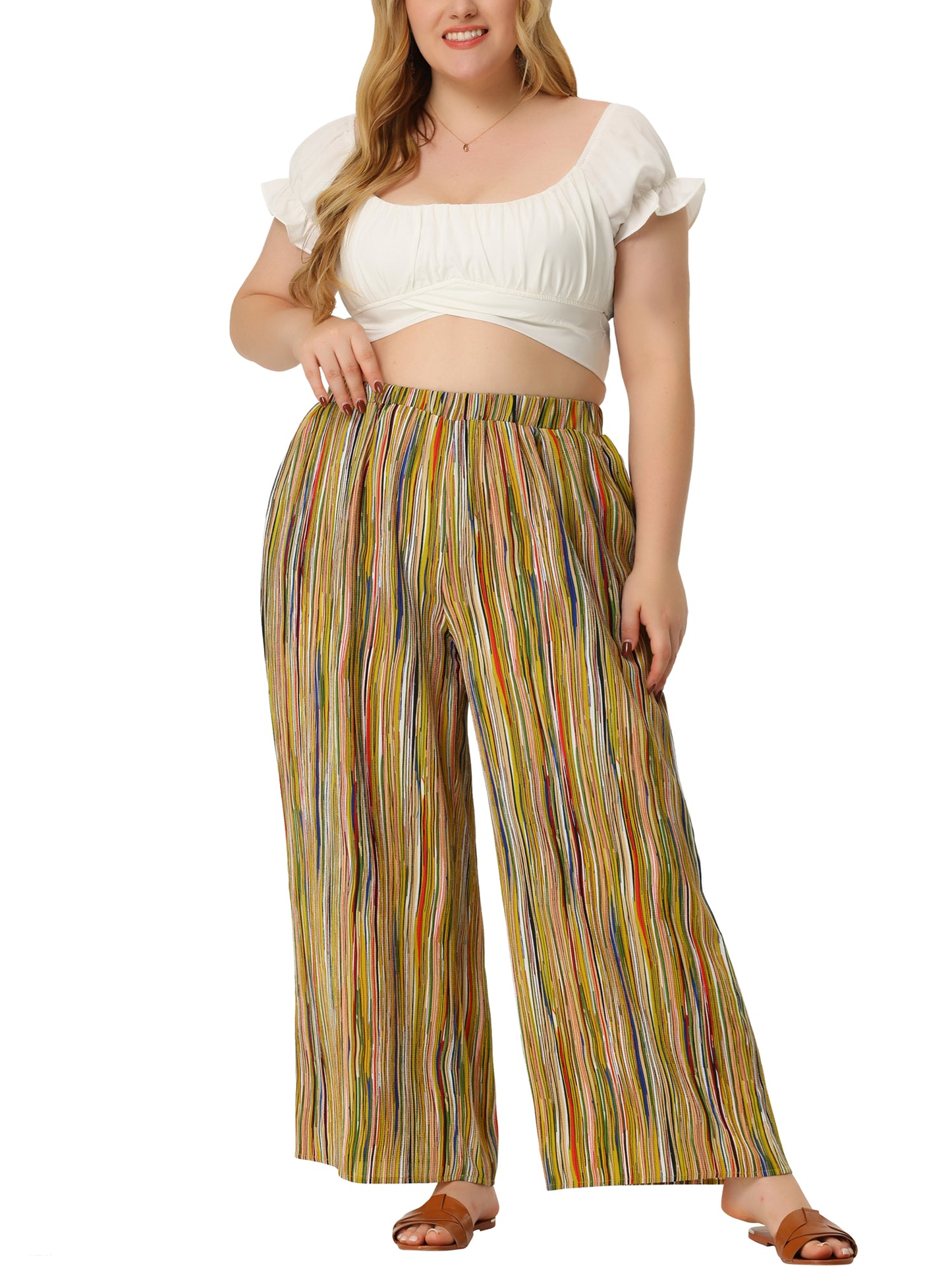 Women Plus Size Palazzo Pants Stripe Boho Wide Leg Paper Bag Pants Beach Casual Summer