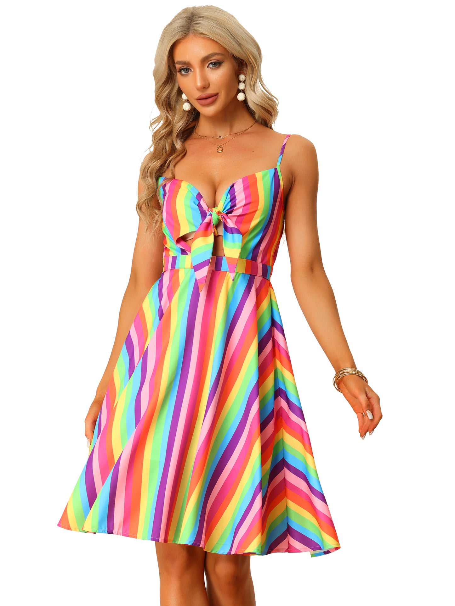Women's Summer Dress Casual Beach Sundress V Neck Tie Front Rainbow Spaghetti Strap Dresses (Available in Plus Size)