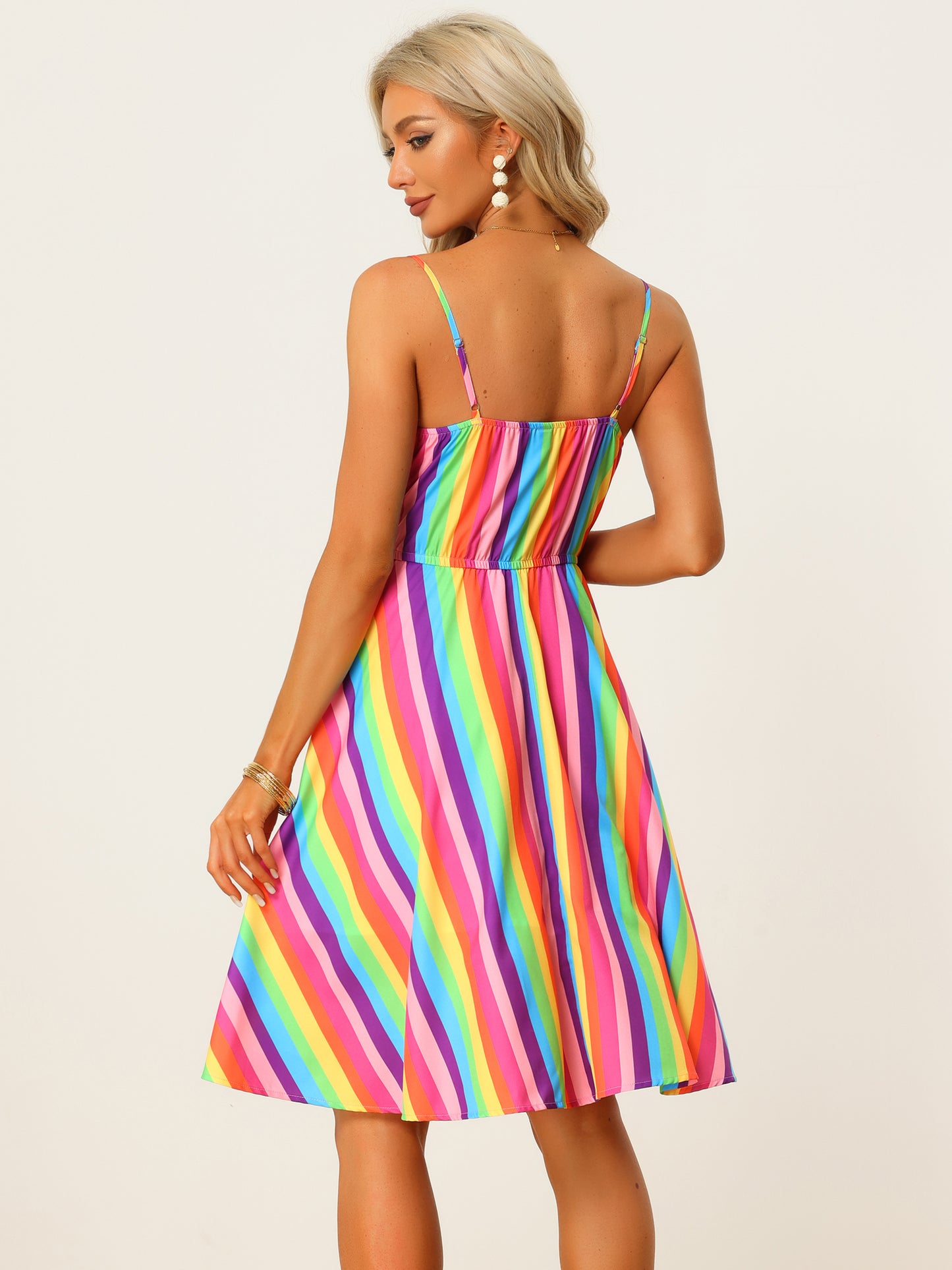 Women's Summer Dress Casual Beach Sundress V Neck Tie Front Rainbow Spaghetti Strap Dresses (Available in Plus Size)