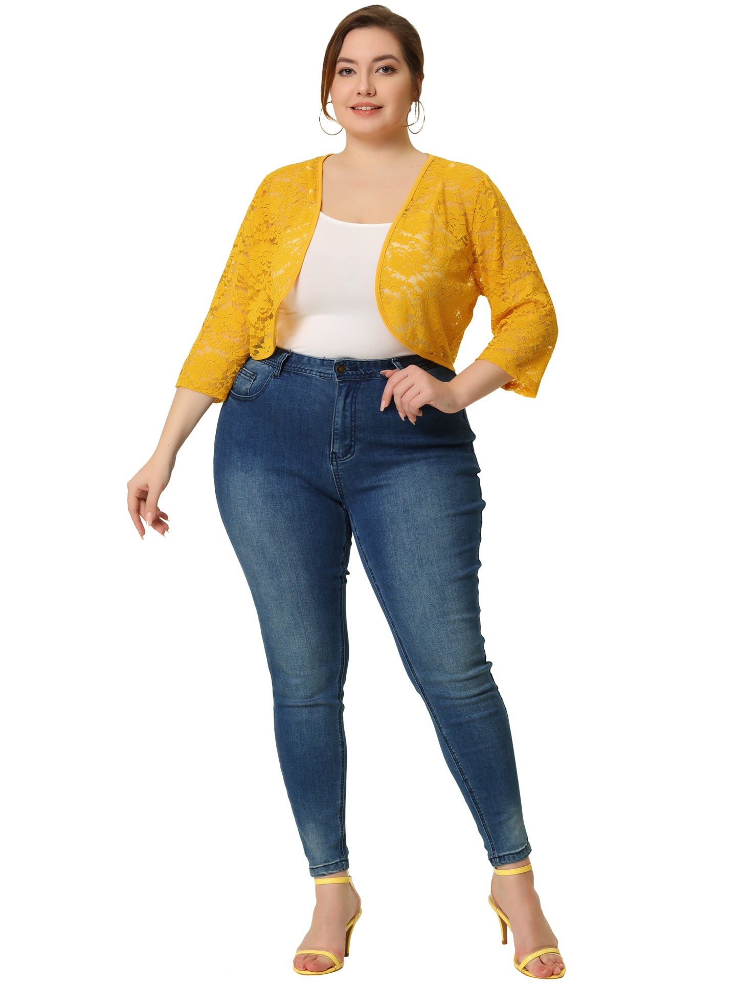 Women Plus Size Floral Lace Shrug Elegant 3/4 Sleeve Lightweight Sheer Bolero Cardigan