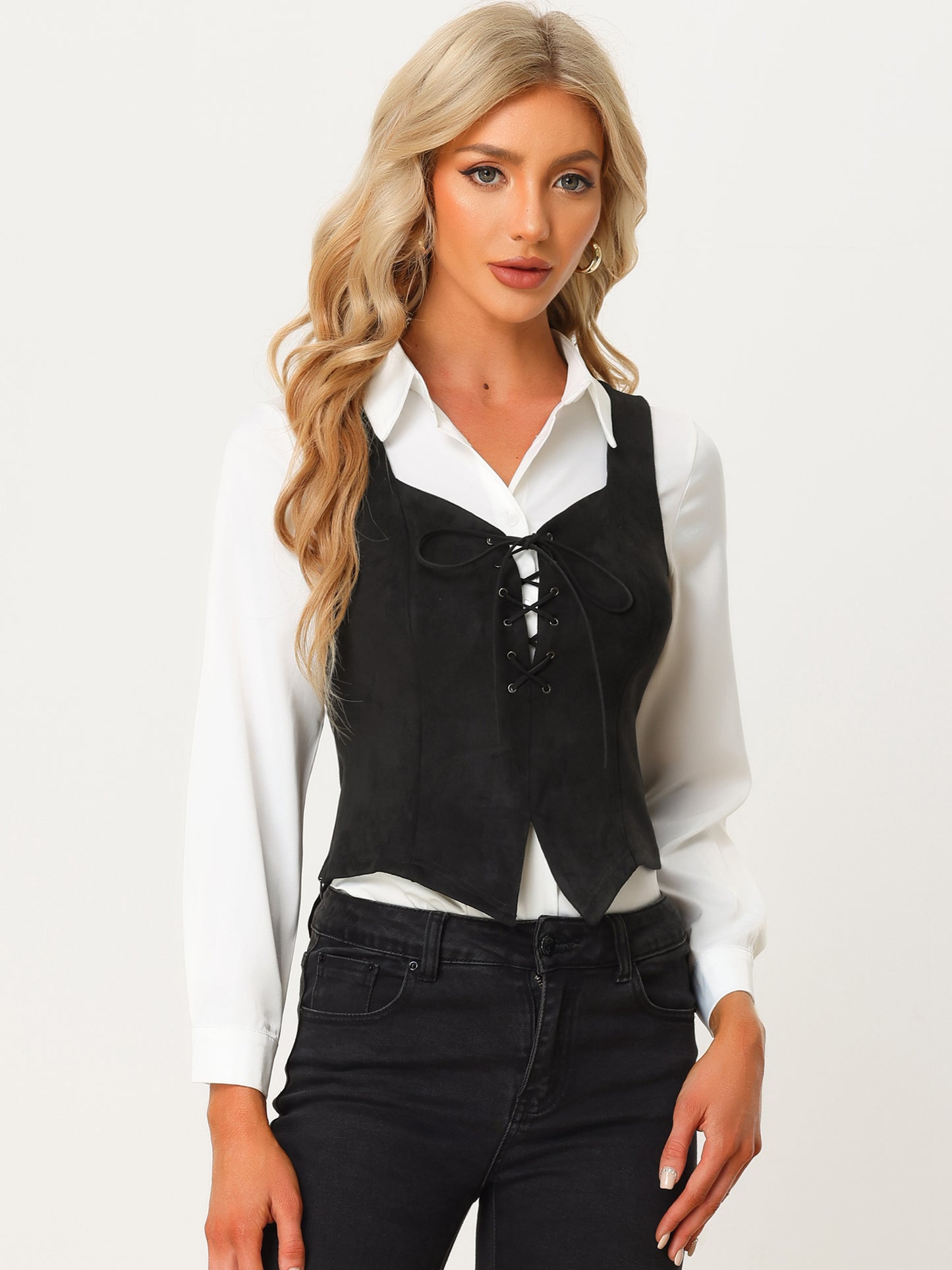 Women's Vintage Faux Suede Vest Sweetheart Neck Sleeveless Lace Up Waistcoat