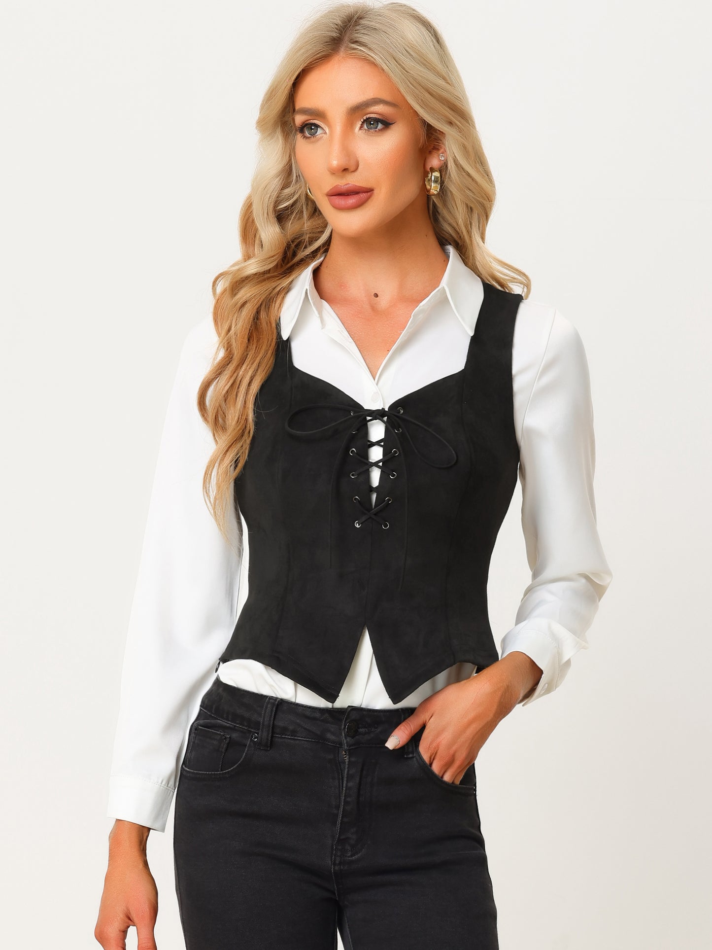 Women's Vintage Faux Suede Vest Sweetheart Neck Sleeveless Lace Up Waistcoat