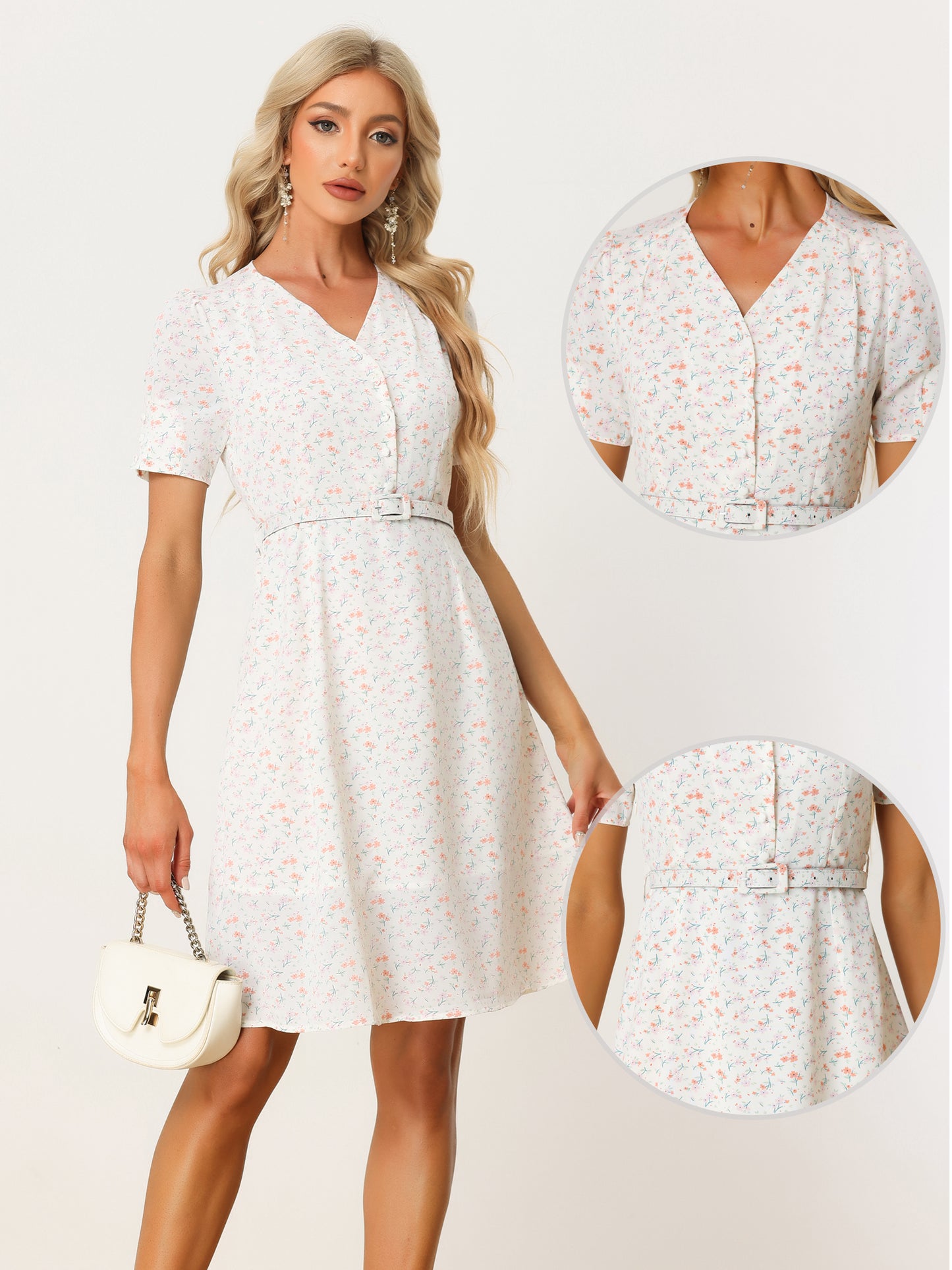 Women's Spring Summer Floral Dress Short Sleeve V Neckline Belted Knee Lenth Dress