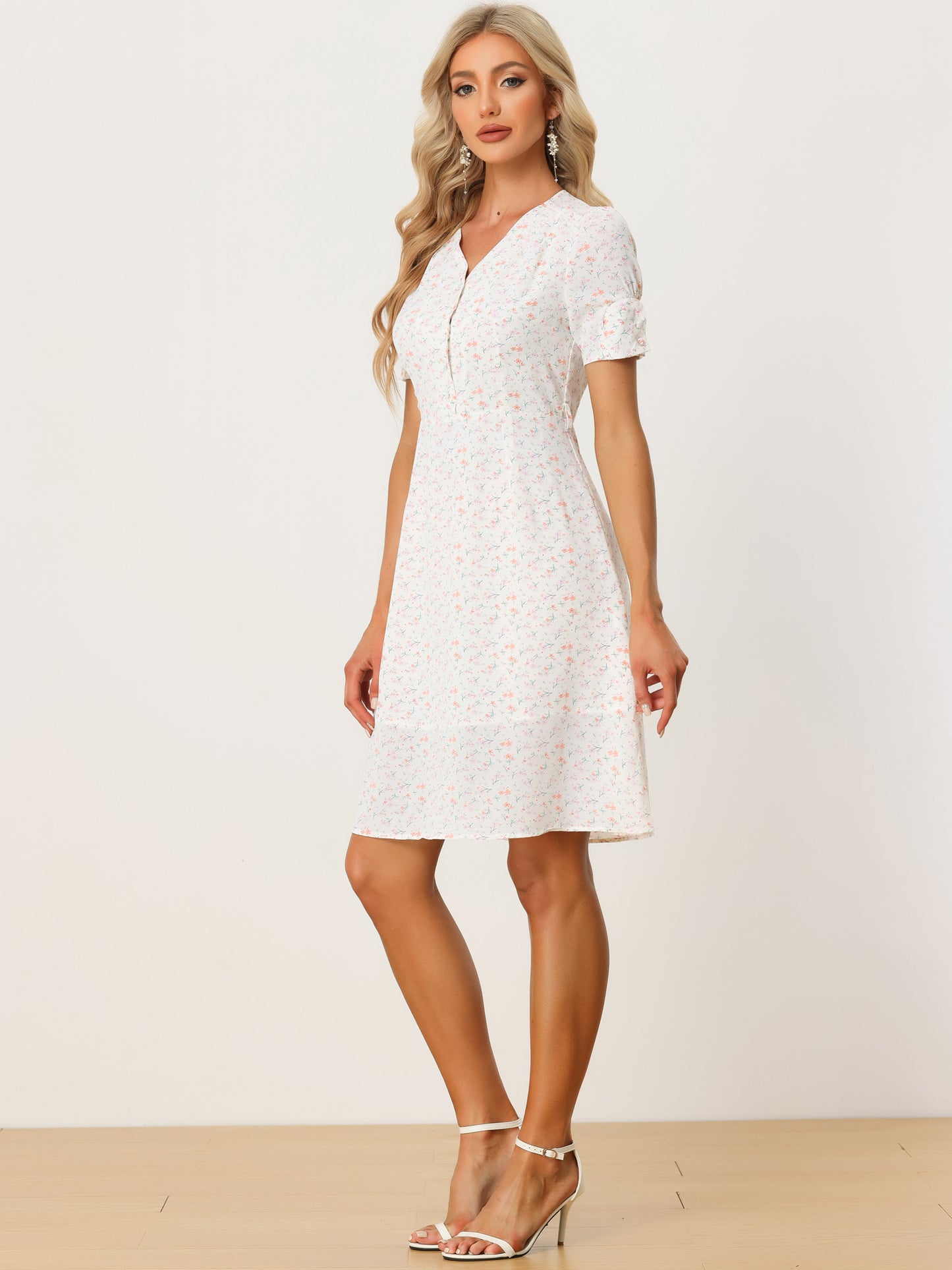 Women's Spring Summer Floral Dress Short Sleeve V Neckline Belted Knee Lenth Dress