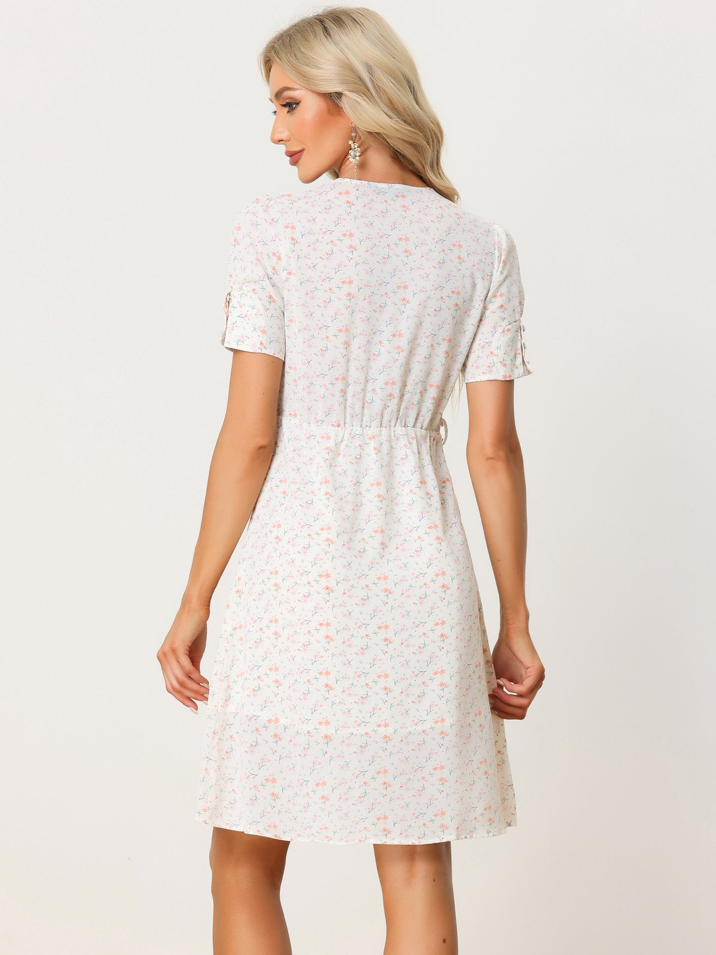 Women's Spring Summer Floral Dress Short Sleeve V Neckline Belted Knee Lenth Dress