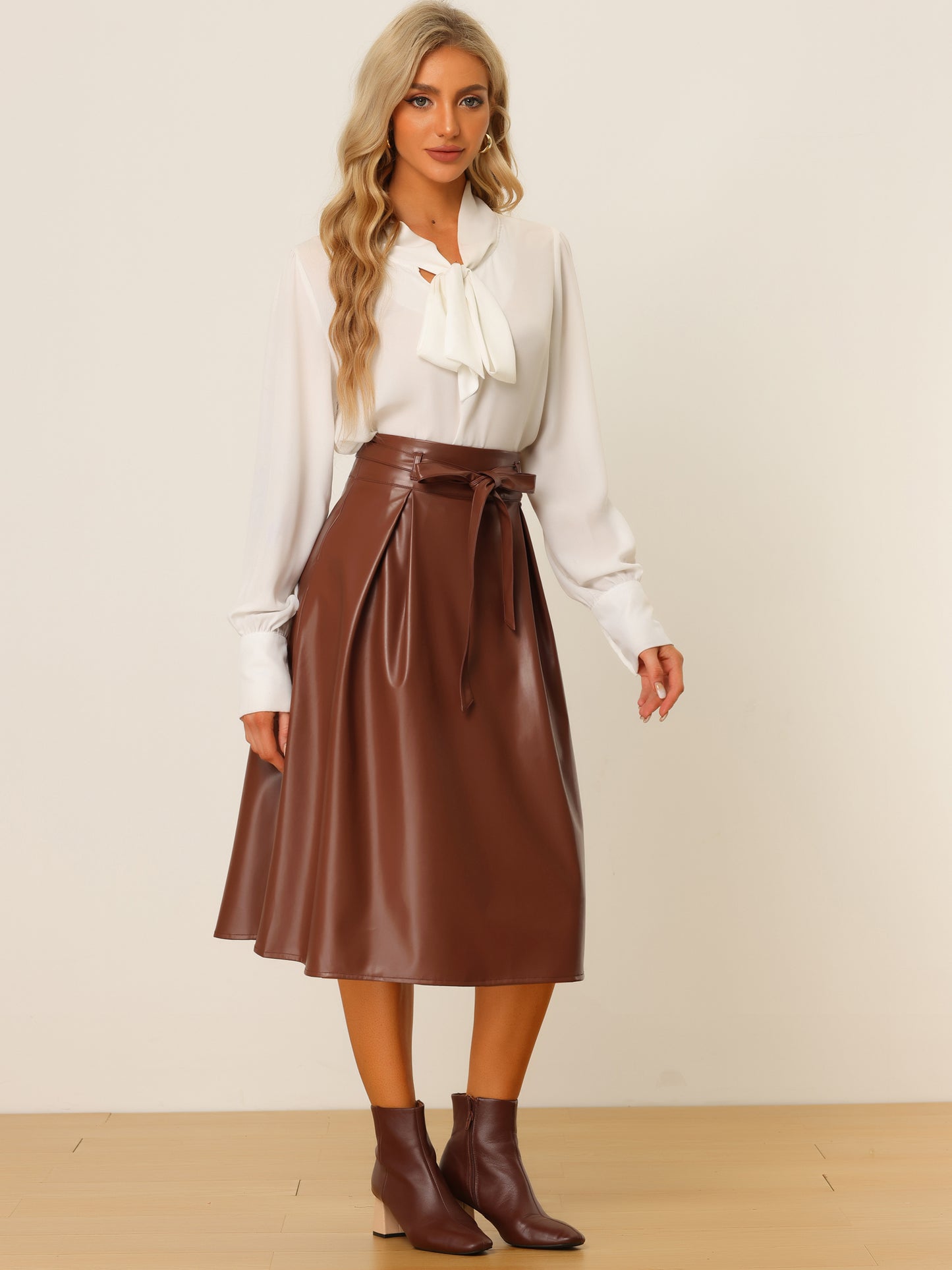 Women's Faux Leather High Waist Belted PU A-Line Midi Skirt