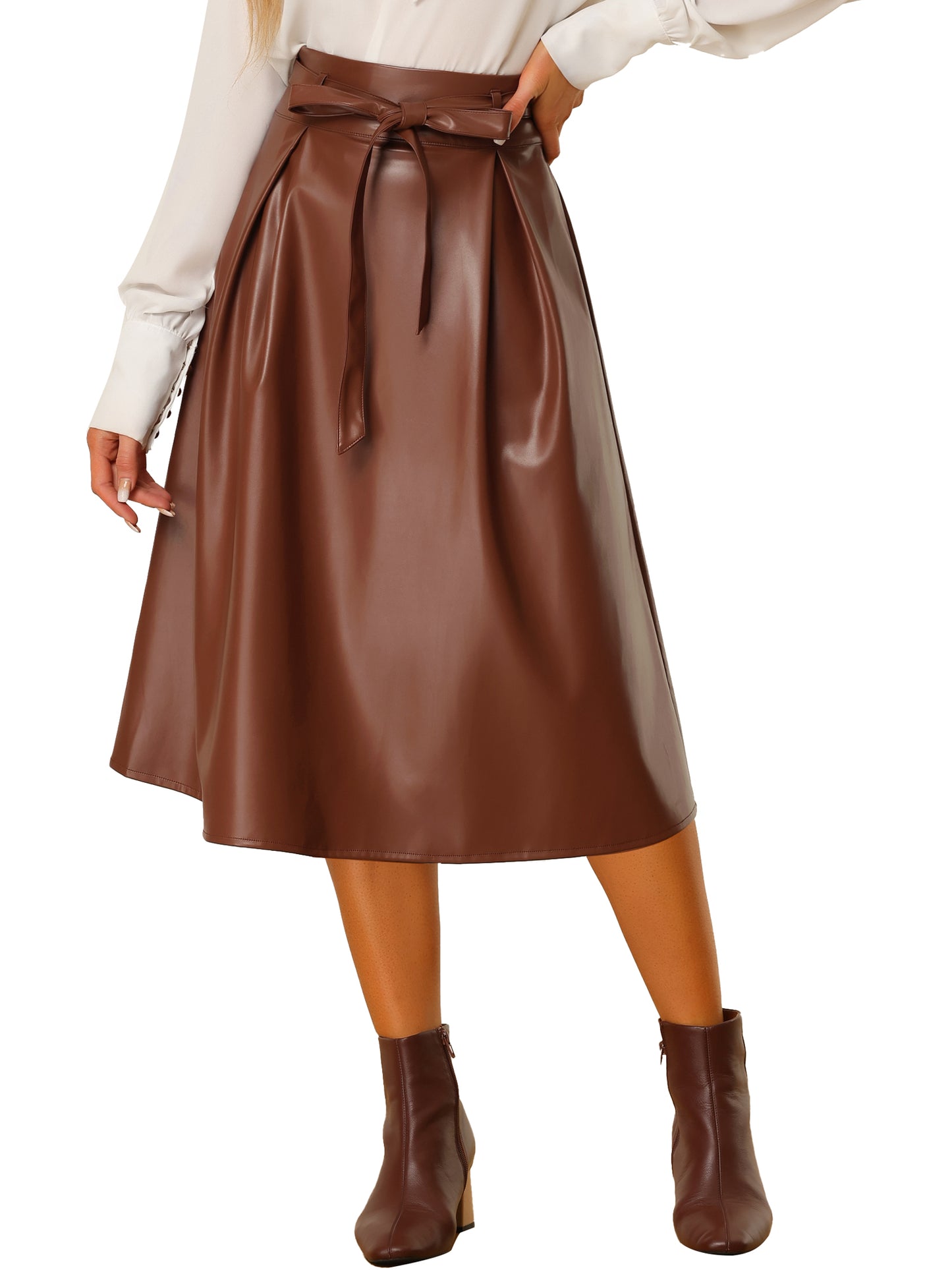 Women's Faux Leather High Waist Belted PU A-Line Midi Skirt