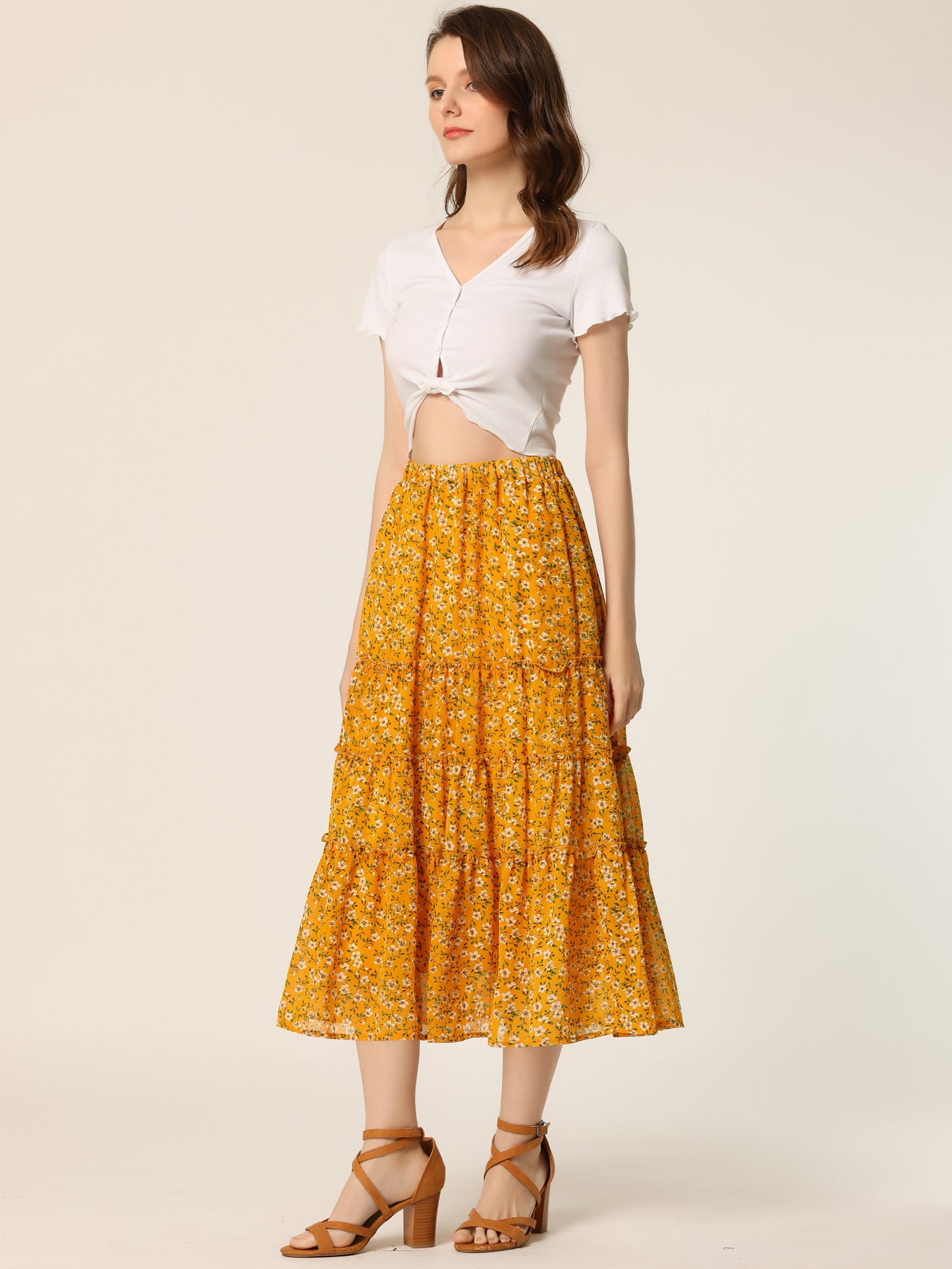 Women's Floral Skirts Chiffon A-line Long Tiered Ruffle Midi Skirt