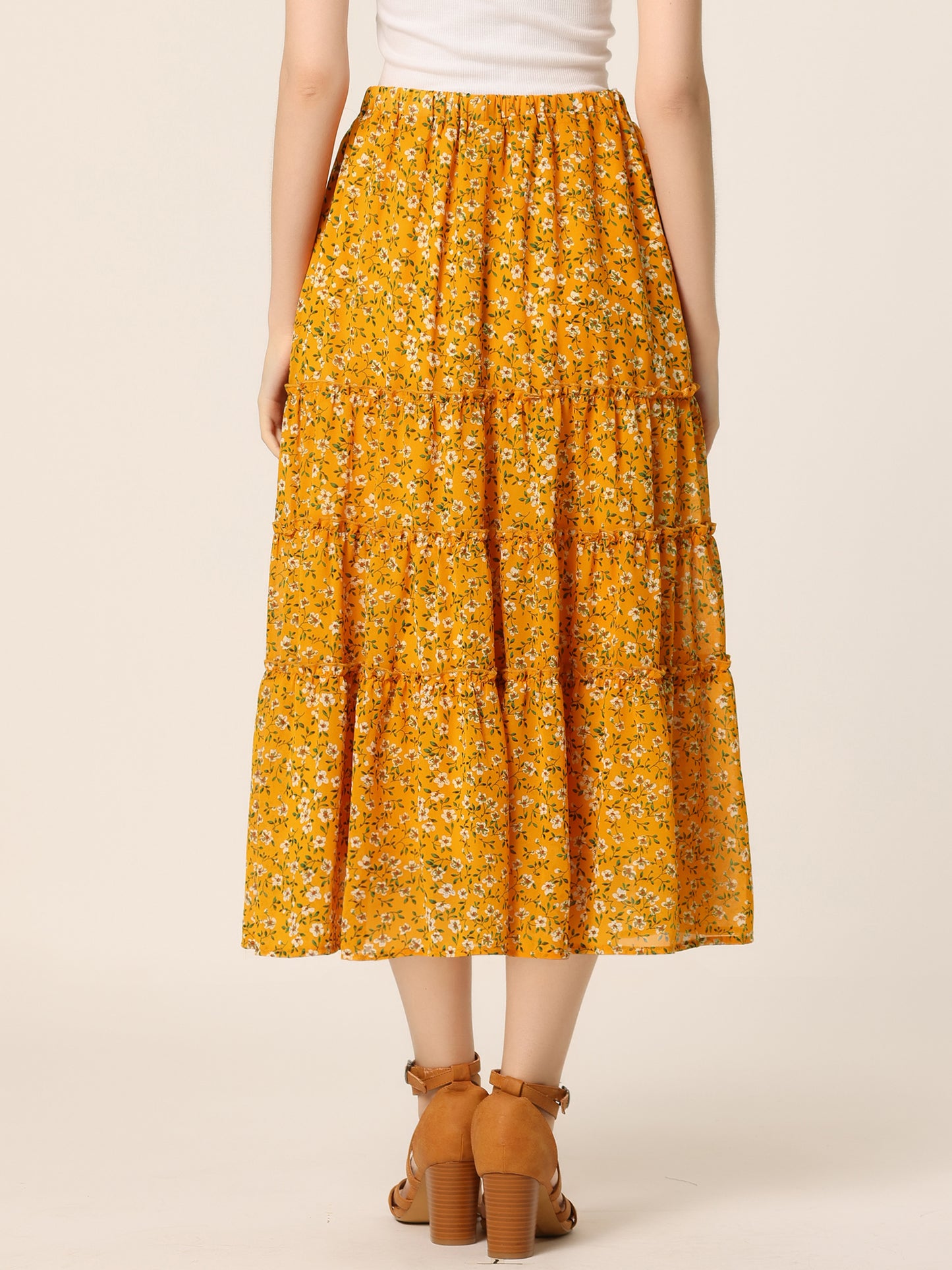 Women's Floral Skirts Chiffon A-line Long Tiered Ruffle Midi Skirt