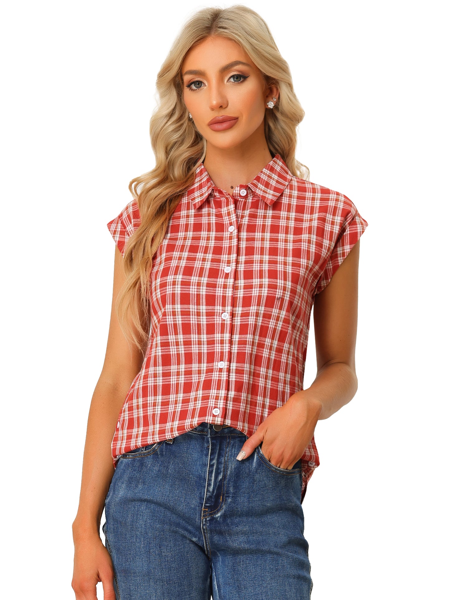 Women's Summer Plaid Cap Sleeves Button Down Shirt