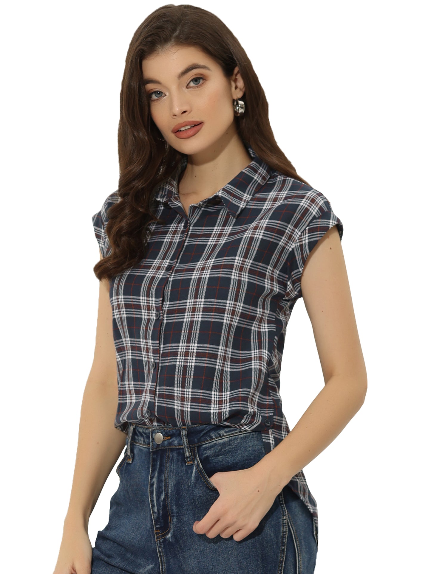 Women's Summer Plaid Cap Sleeves Button Down Shirt