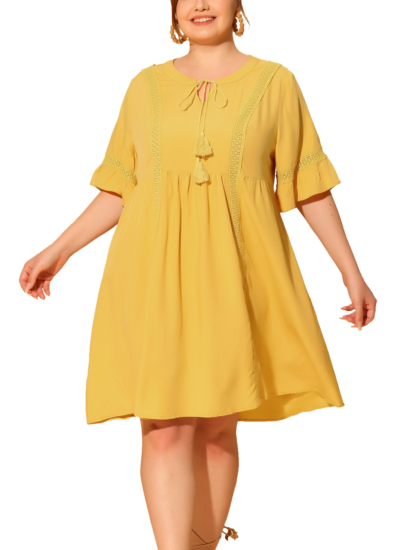 Women Plus Size Boho Dress Ruffle Short Sleeve Lace Insert V Neck Tassel Bohemian Mini Dress