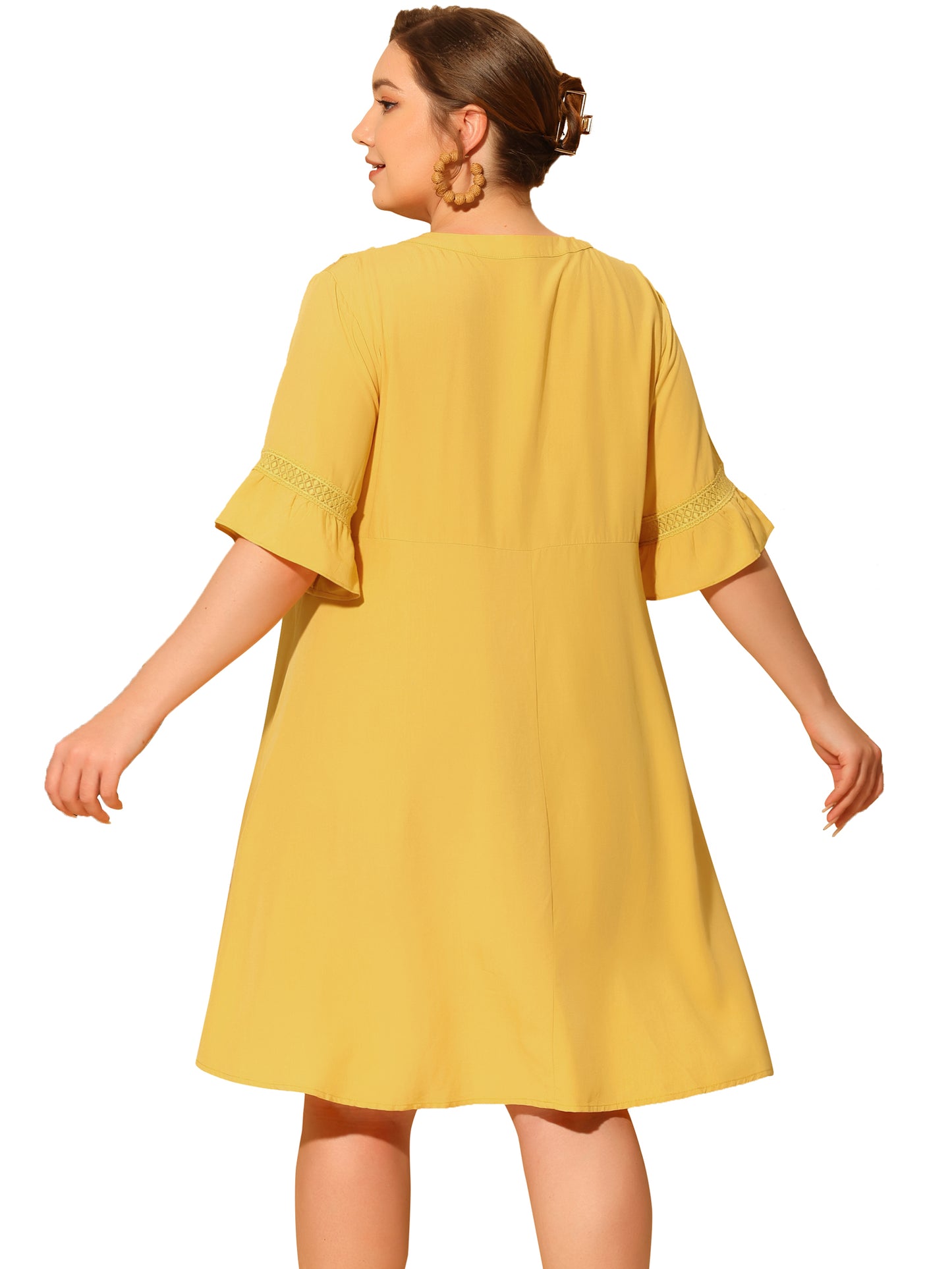 Women Plus Size Boho Dress Ruffle Short Sleeve Lace Insert V Neck Tassel Bohemian Mini Dress