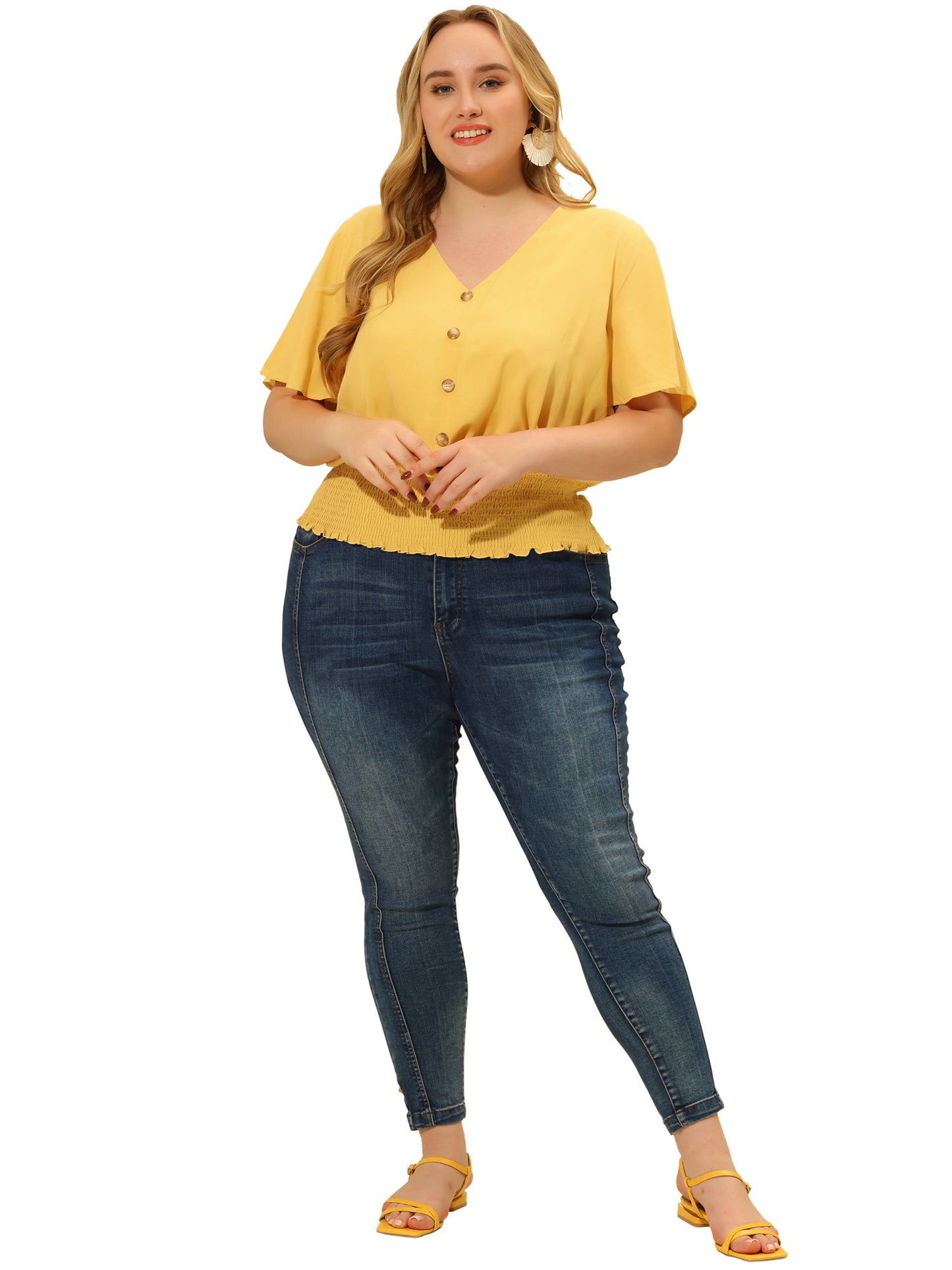 Blusa corta fruncida con cuello en V, botones y mangas cortas para mujer, talla grande
